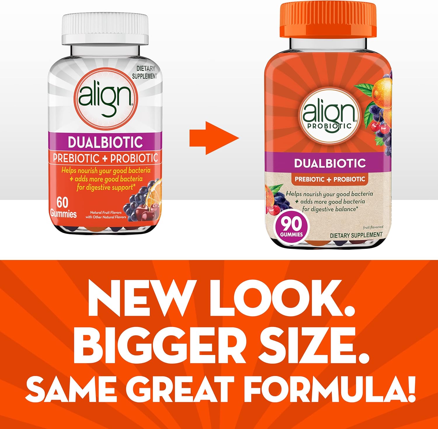 Align DualBiotic, Prebiotic + Probiotic for Women and Men, Help Nourish and Add Good Bacteria for Digestive Support, Natural Fruit Flavors, 90 Gummies : Health & Household