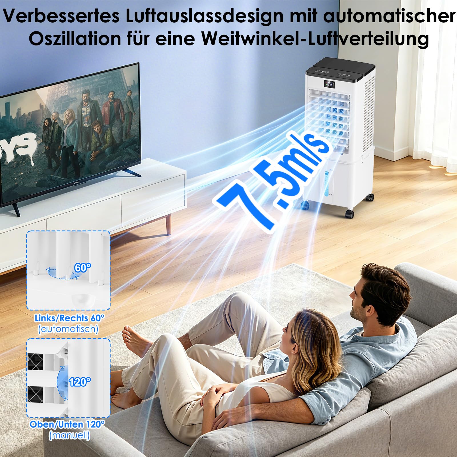 Climatiseur Portable 4 en 1, Rafraîchisseur d’Air Évaporatif avec Réservoir de 10L, 4 Modes et 3 Vitesses, Minuterie 1–12h avec Roulettes, 4 Blocs Réfrigérants, pour la Maison, Blanc (Mat)