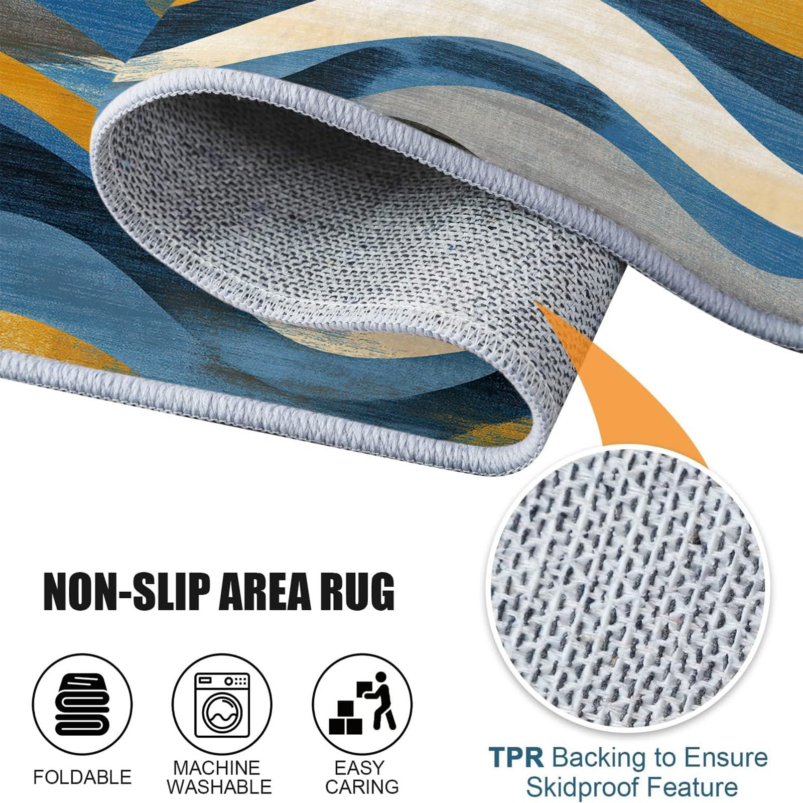 Tapis Rond Imprimé Abstrait Dessiné À La Main Vagues Géométrique Salon, Lavable Doux Gris-Bleu Tapis de Sol Décoration Antidérapant pour Chambre Salon Cuisine Balcon Bureau 100 cm