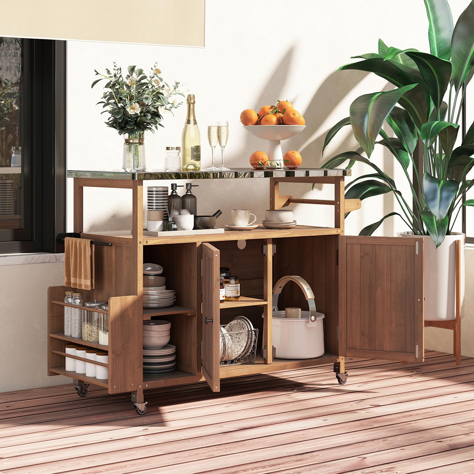 COSTWAY Carrito de Barbacoa de Madera Abeto, Isla de Cocina Exterior con Ruedas Bloqueables, Armario, Estante Abierto y Compartimentos, Mueble para BBQ para Picnic, Fiesta, 130 x 47 x 92 cm