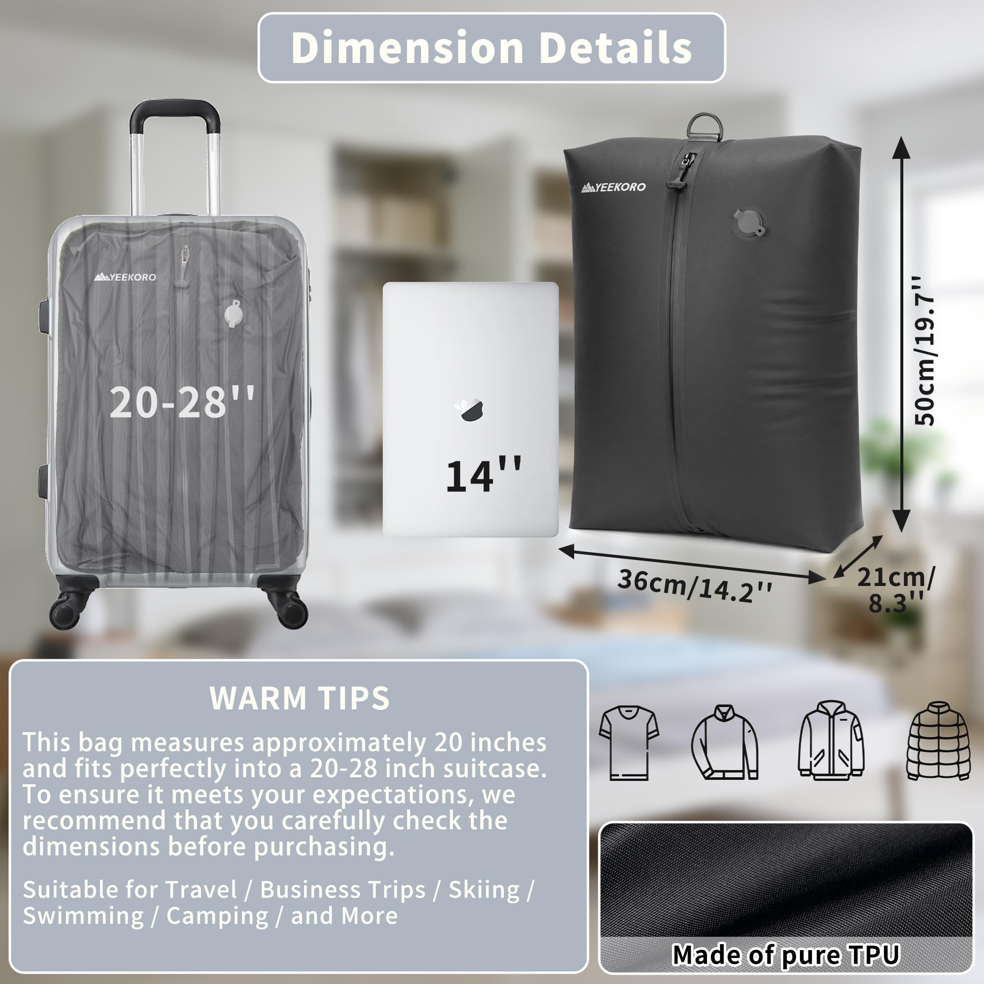 Vakuumbeutel für Reisen, professionelle IPX8 wasserdichte Vakuumbeutel, wiederverwendbare Vakuum-Kompressionsbeutel für Reisegepäck Koffer, langlebige platzsparende Tasche - 2 Stück, Schwarz