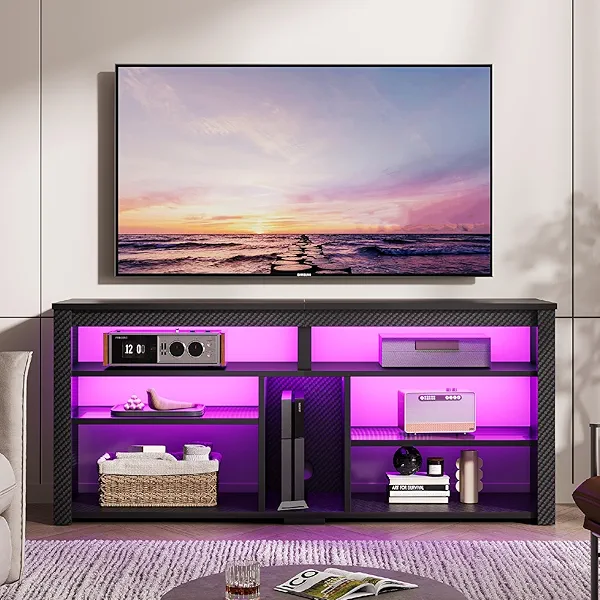 Bestier LED Tall TV Stand, Entertainment Center for 55/60/65 Inch, Gaming Console With Storage for PS4, Adjustable Shelf Modern High Cabinet for Living Room Bedroom, Carbon Fiber Black 55 in