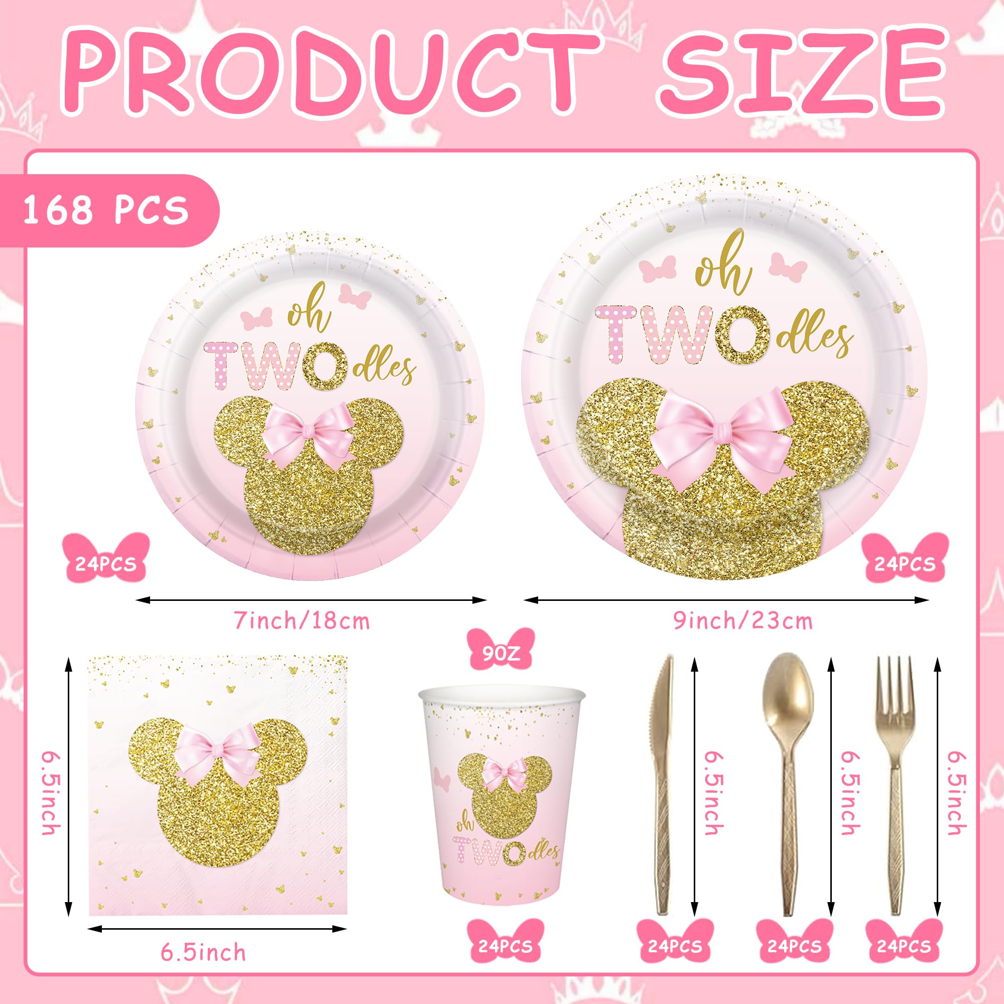 168pcs Birthday Decorations Girls 2nd Plates Napkins Party Supplies Two Years Old Paper Tableware Set Disposable Birthday Party Dinnerware Kids Serve 24 Guests