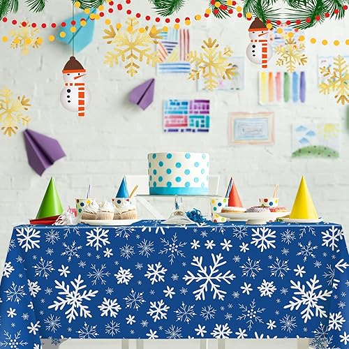 Miniatura 6 de Moukeren Mantel de plástico con diseño de copo de nieve, 3 piezas, diseño de copos de nieve, mantel desechable de invierno para suministros de