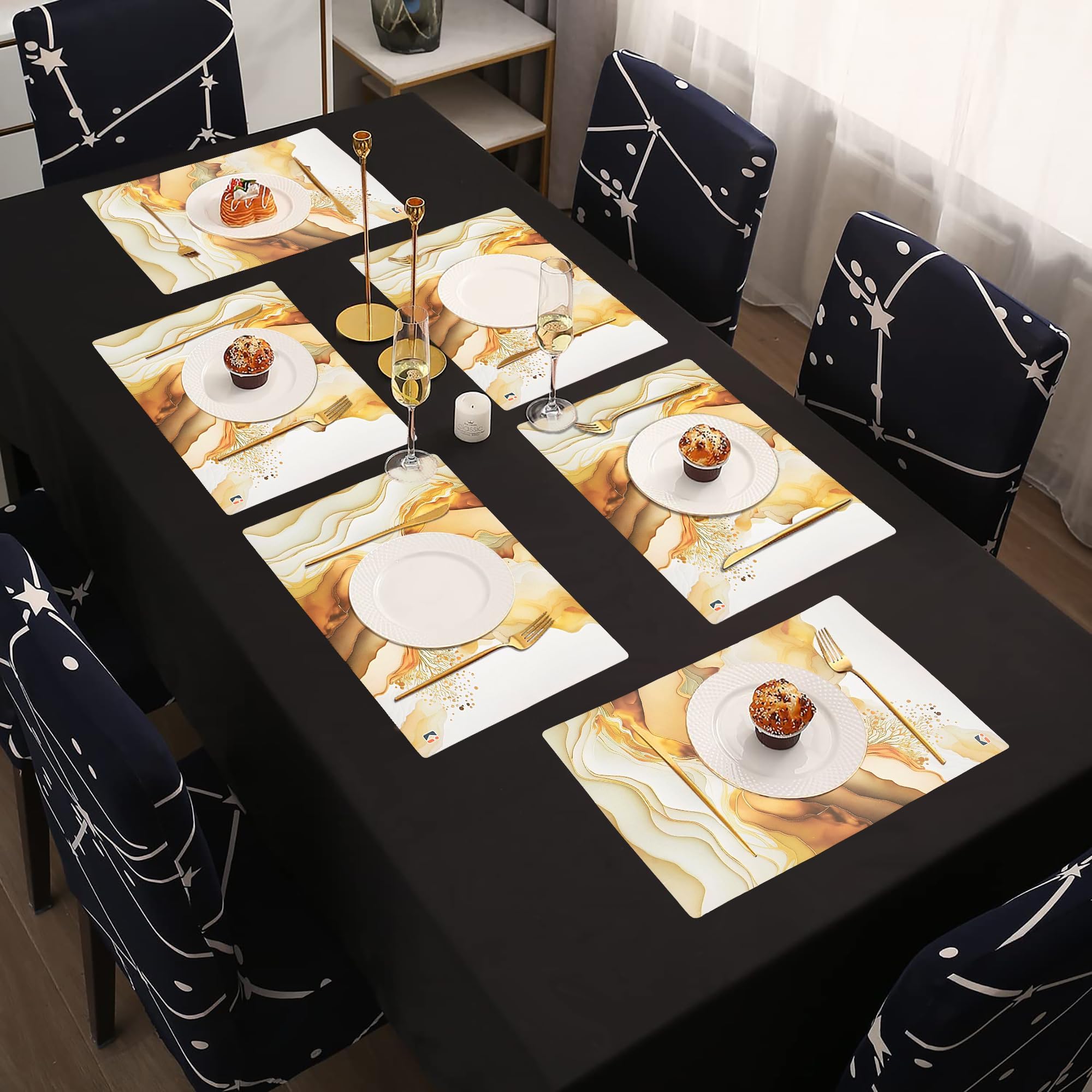 Kuber Industries 6 Pcs Set Wipeable & Reusable PVC Placemats for Dining Table | Food Mats & Dining Table Accessories for Home, Bedroom & Kitchen | Marble Print - Cream & Gold