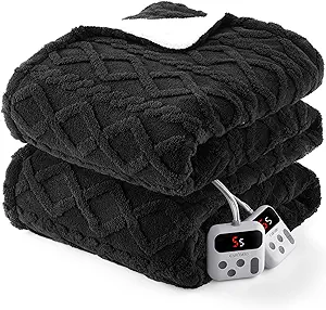 CAROMIO Electric Blanket Queen Size Dual Control - Thick Tufted Sherpa Heated Blanket Queen with 10 Heating Levels and 10 Time Settings, ETL Certified Fast Heating Blanket Queen Size 84"×90", Black