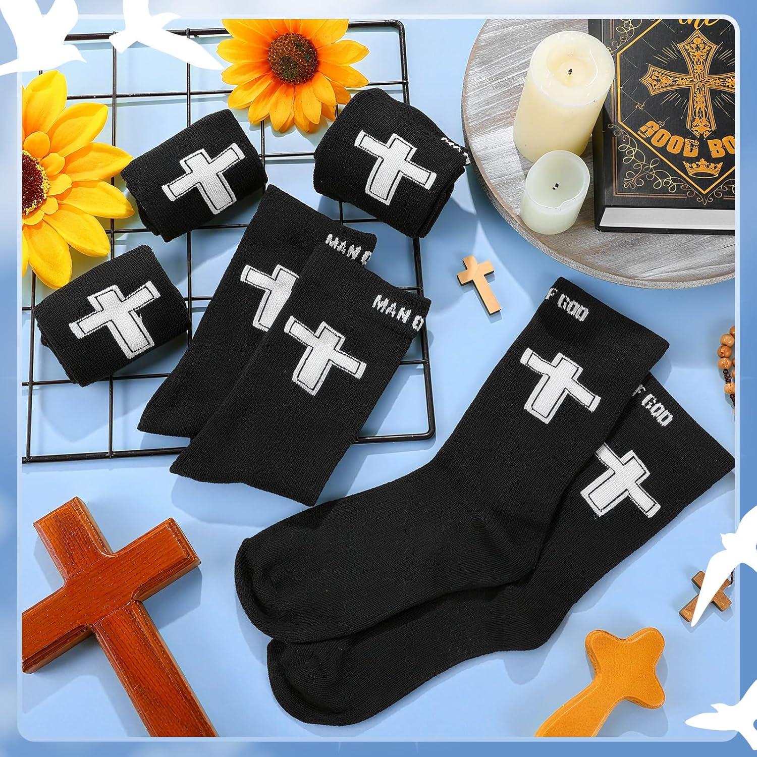 6 Pairs Christian Cross Socks Gifts for Man, Man of God Religious Socks with Cross for Catholic Saint God - Image 2