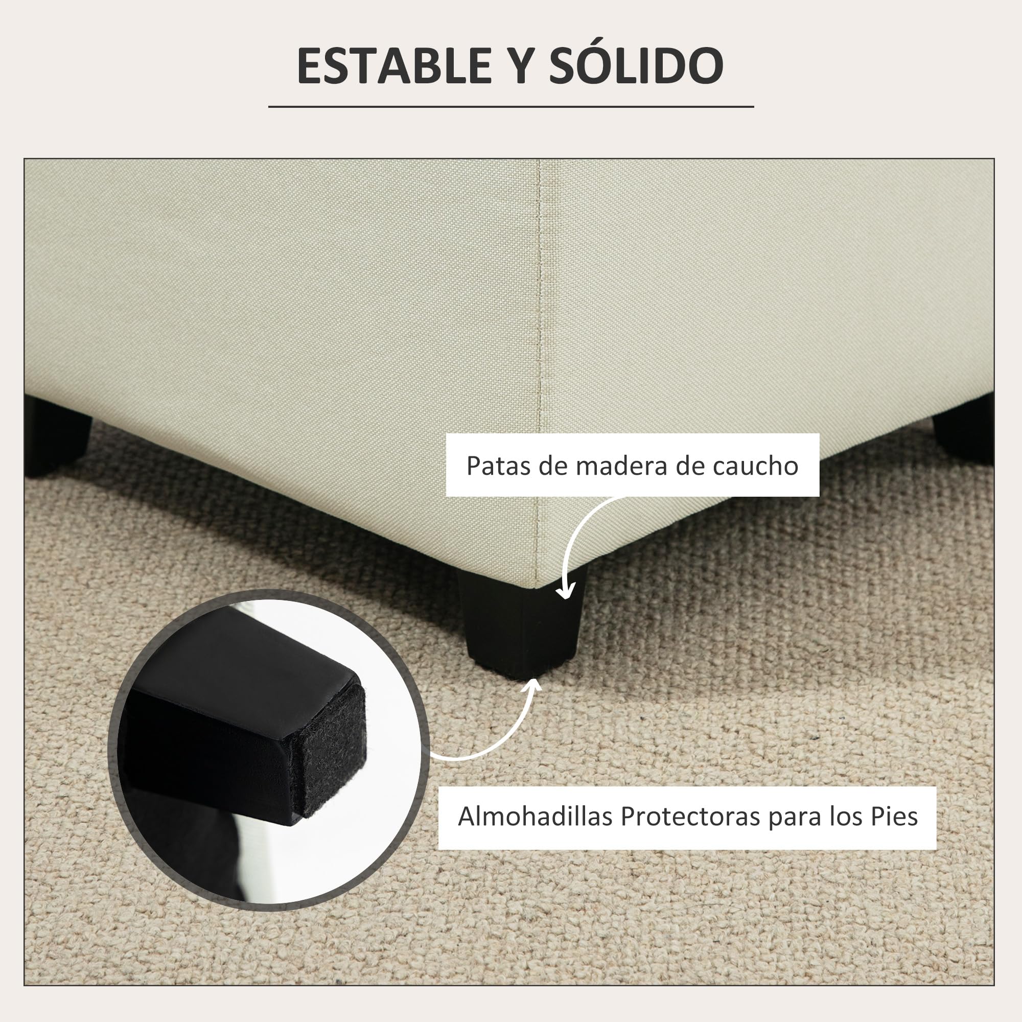 HOMCOM Reposapiés de Salón Taburete Bajo Tapizado en Lino Otomana Cuadrada con Bolsillo Lateral Tapa con Botones Acolchados y Marco de Madera para Sala de Estar Dormitorio Crema