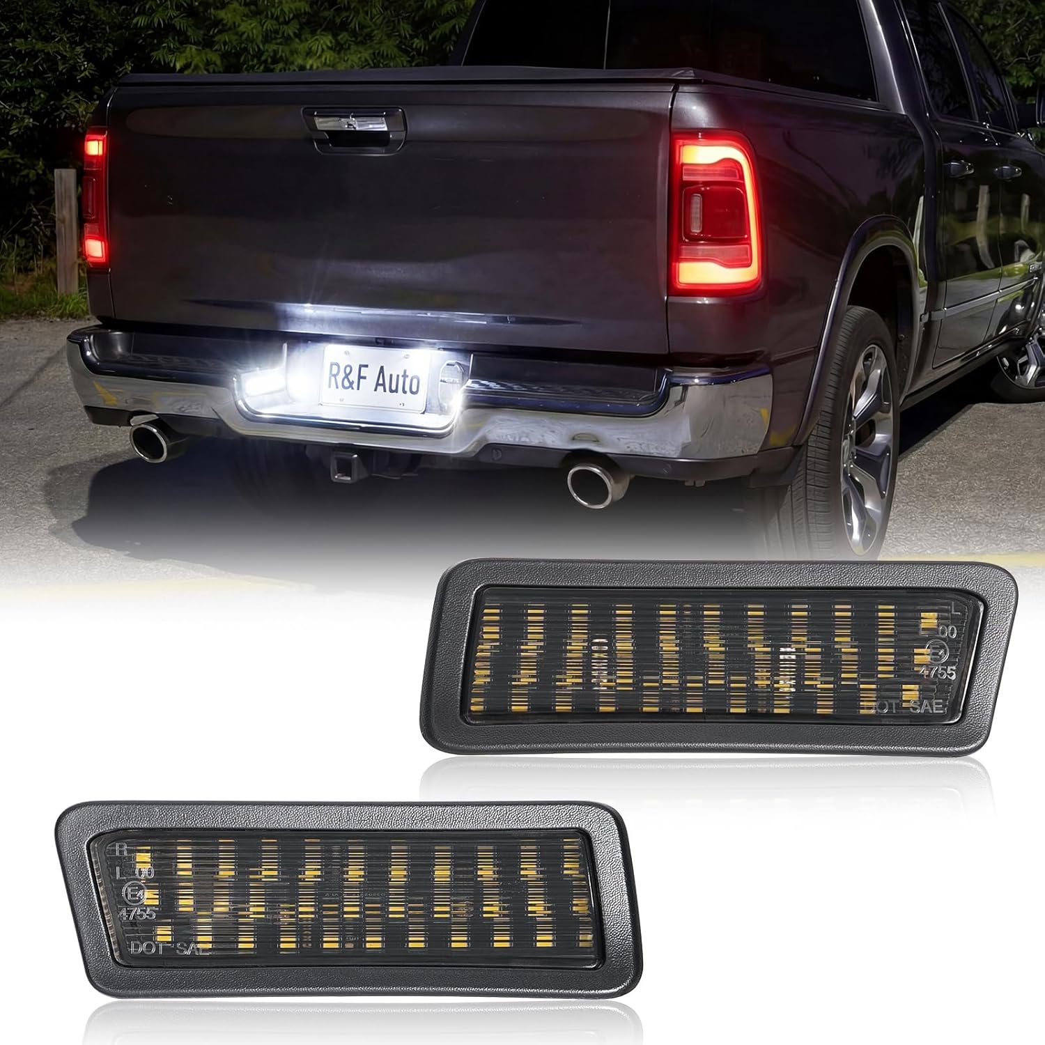 R&F Auto LED License Plate Light White Replacement for 2019-2026 Ram 1500 （Not Classic Models） Pickup Truck Rear Bumper Tag Lamp Assembly Pair Replacement Driver & Passenger Side Set 6000K Smoked