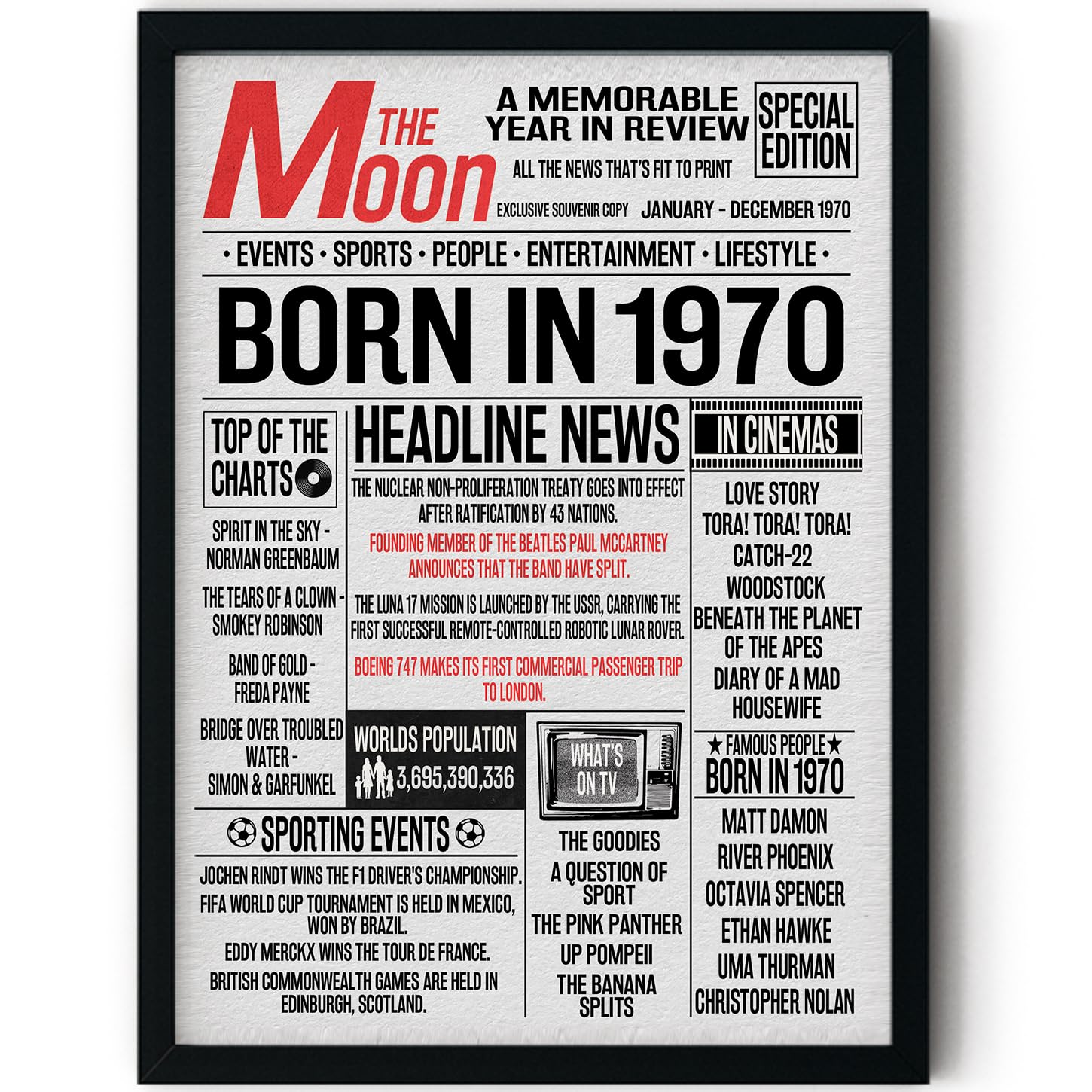 Stuff4 Men's 1970 56Th Birthday Poster Framed - Born In Newspaper - Happy 56Th Birthday Gifts For Wo Vintage Retro Back In 8X10 Inch Bday Party Decor Decoration