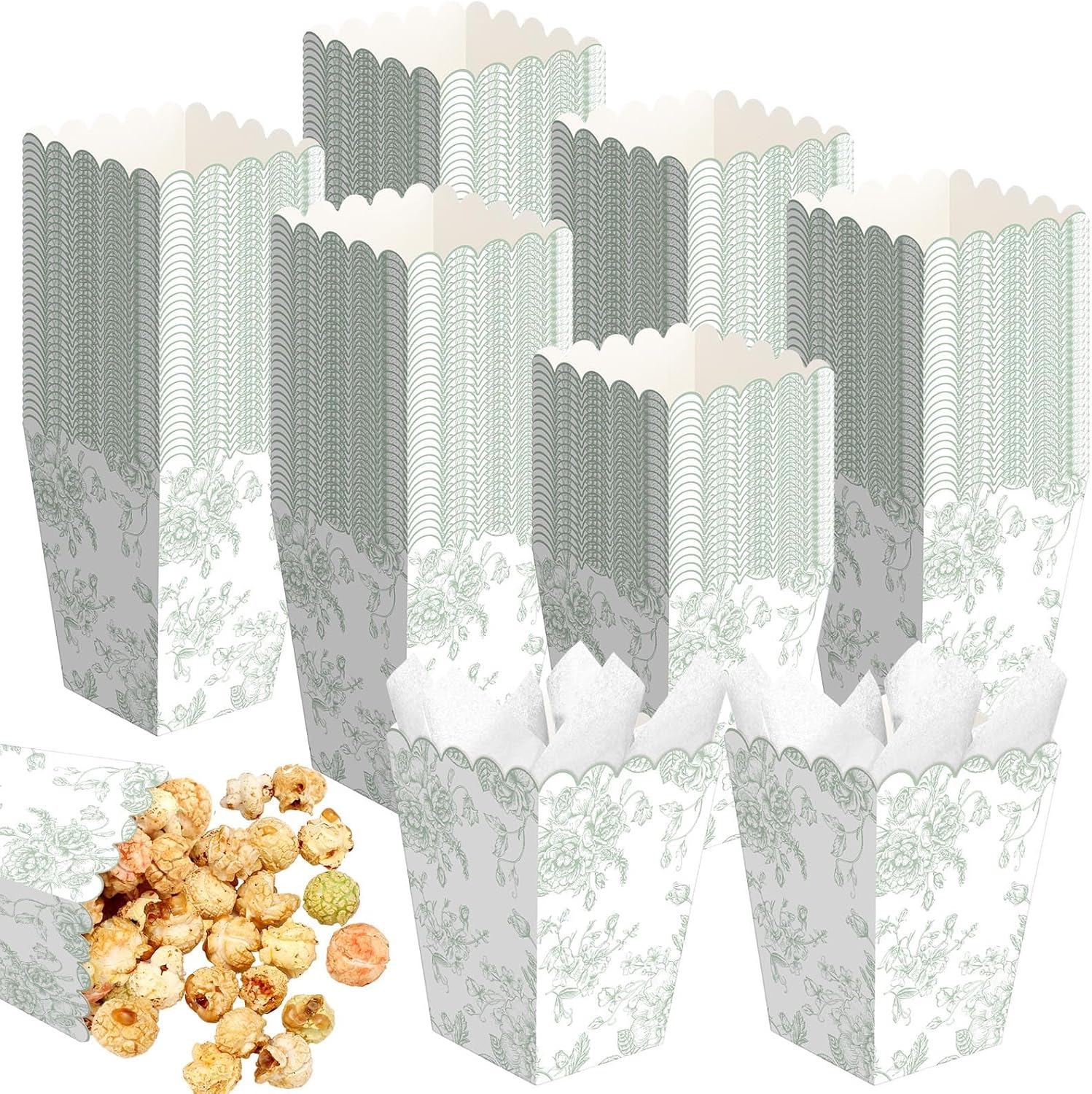 Gueevin 100 Pcs Green Floral Popcorn Boxes with Scalloped for Party 5.5 x 10.5 x 7.5 cm Mini Paper Popcorn Containers Bulk for Wedding Movie Night Decorations Bridal Baby Shower Party Supplies