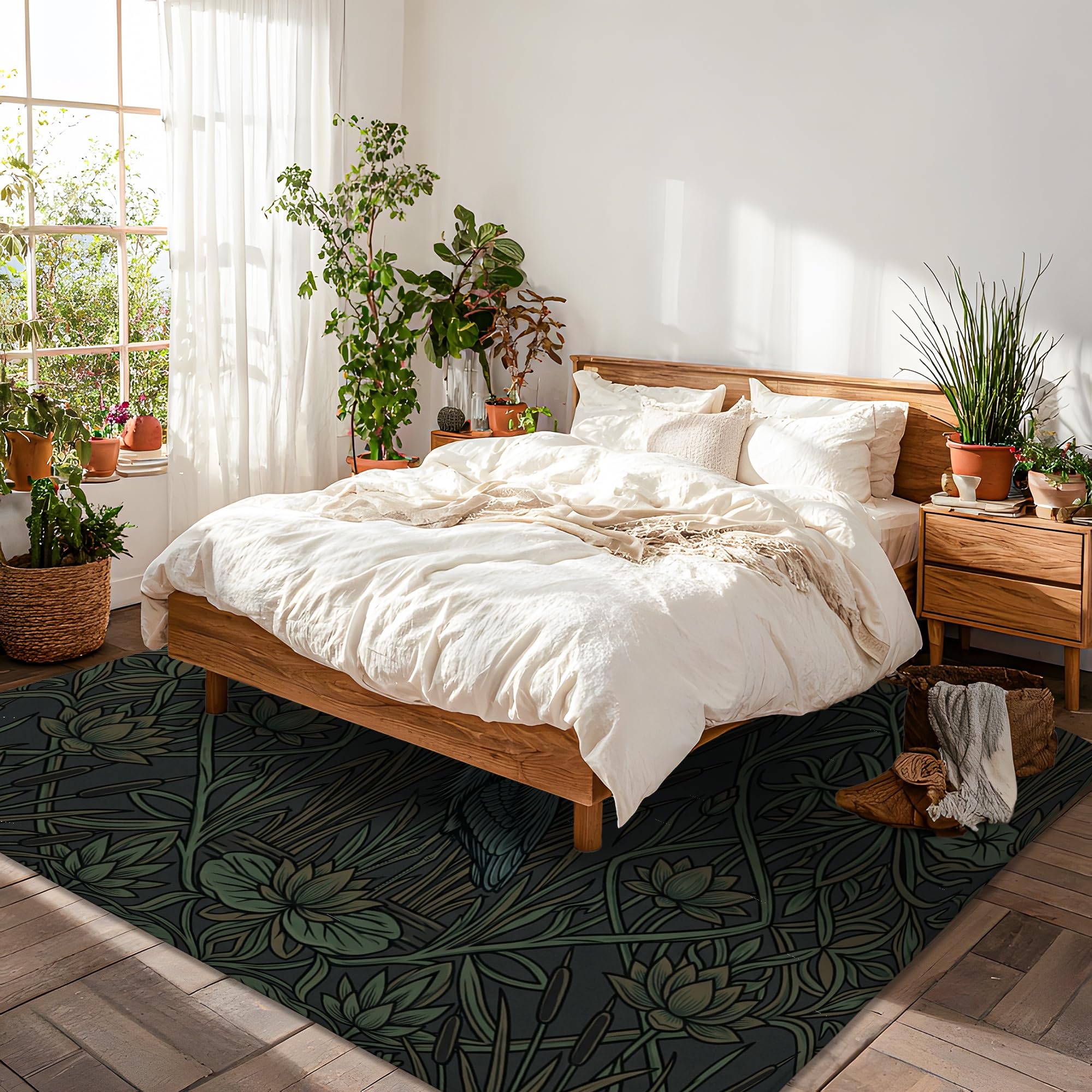 Heron - Alfombra de área natural botánica con cañas de lirio de agua, color verde oscuro, esponja de pelo bajo, alfombra rectangular suave resistente a las manchas para sala de estar, dormitorio
