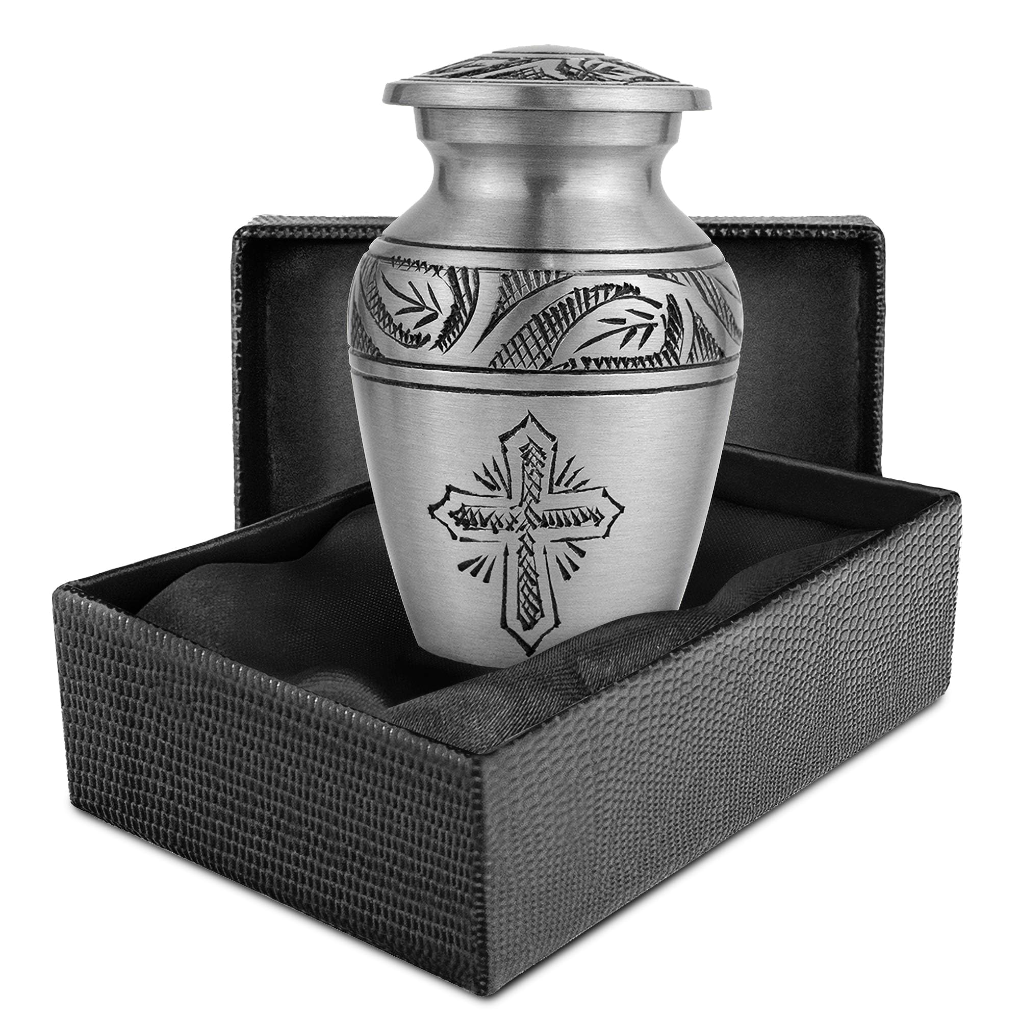 Trupoint Memorials Cremation Urns for Human Ashes, Funeral Memorial Urn for Male and Female, Decorative Burial Metal Urn Collection for Adult Men & Women - Silver Cross, 1 Keepsake