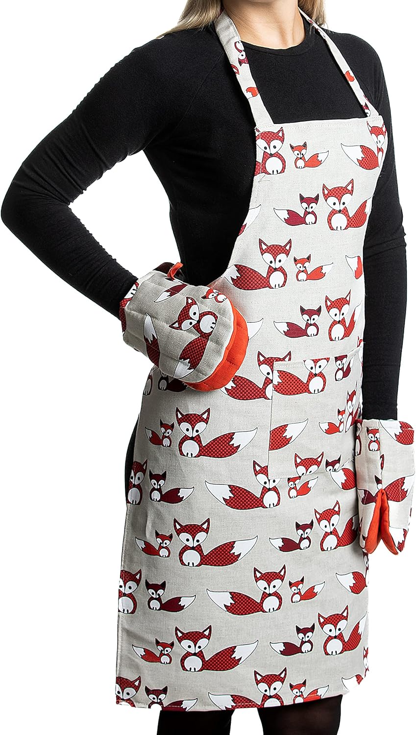 Linen Kitchen Apron with 2 Short Oven Mitts/Gloves - Cooking Aprons with Front Pocket for Women & Men with Cute Fox Design Handmade in Europe-Lithuania. Stylish 3-piece Set Good for Baking, Grilling