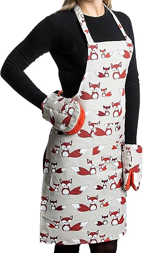 Delantal de cocina de lino con 2 guantes cortos para horno, delantales de cocina con bolsillo frontal para mujeres y hombres con bonito diseño de