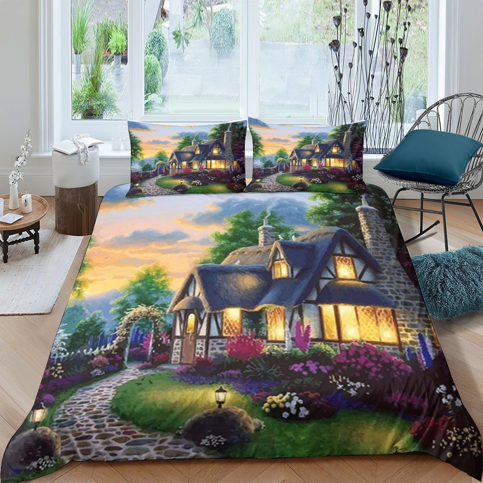 Ctjqhvkz Style-4 3D Printed Cottage Garden Fitted Sheet Microfiber Soft Decorative Evening House Bed Cover For Bedroom Dorm Guest Room Single（135X200cm）