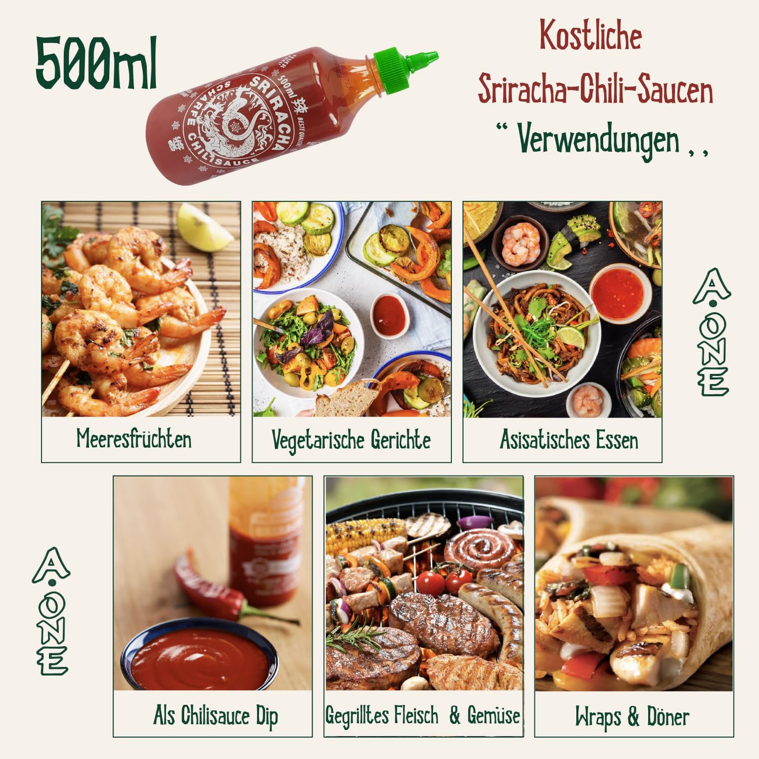 A-One Sriracha Salsa original 12 x 500 ml clásica salsa de chile picante – Paquete de 12 salsa de chili – Salsa de condimentos – Super para gastronomía