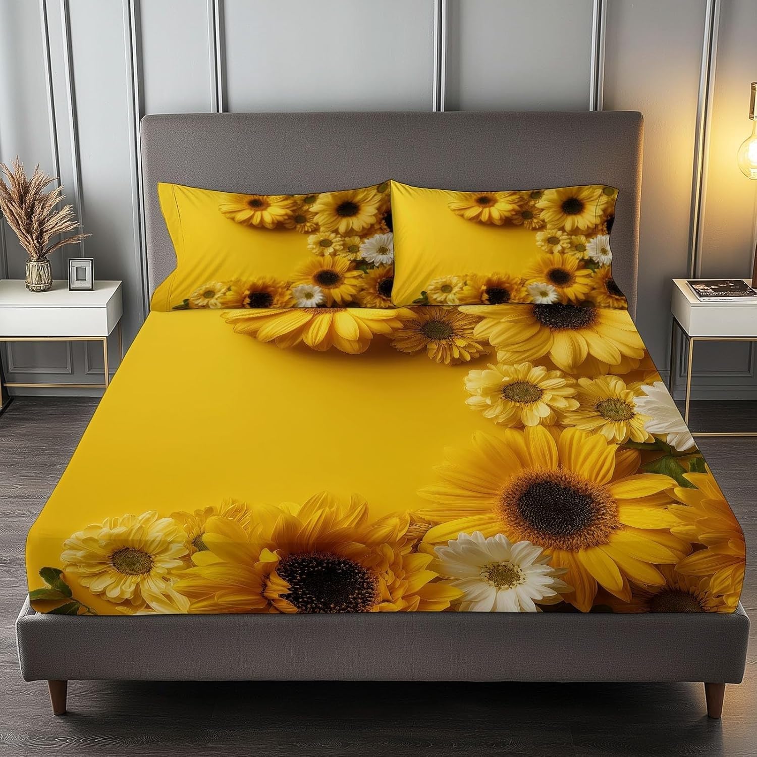 Daisy Single Fitted Sheet Sunflowers Bed Sheets Deep Pocket 12 inch (30 cm) Soft Cozy 3 Piece Microfibre Bed Sheet 90x190 cm with 2 Pillowcases 50x75 cm