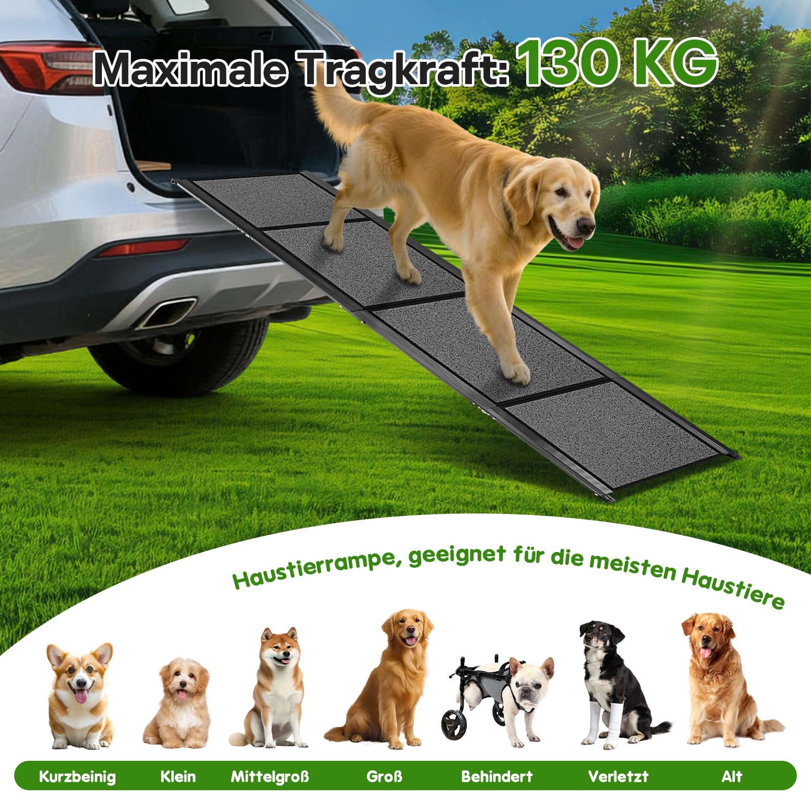 Hunderampe Auto Klappbar, 180CM x 50CM Extra Breit Hunderampe für große Hunde, Aluminium Hundetreppe Auto mit Schaumstoffgriff, bis 130 kg, rutschfest Rampe Hund für Autos, LKWs und SUV