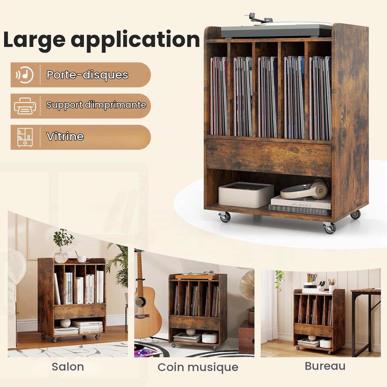 KOMFOTTEU Meuble Platine Vinyle avec roulettes, Meuble Tourne-Disque, 5 Compartiments, Tiroir, Étagère inférieure et Crochets, Armoire pour jusqu'à 180 Albums, 52 x 35,5 x 73 cm (Marron)