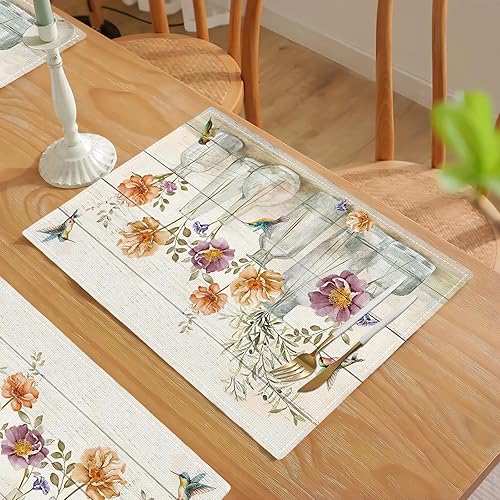 Miniatura 5 de Juego de 4 manteles individuales florales y colibríes, lavables, para decoración del hogar, fiesta, interior, cocina, comedor, 12 x 18 pulgadas