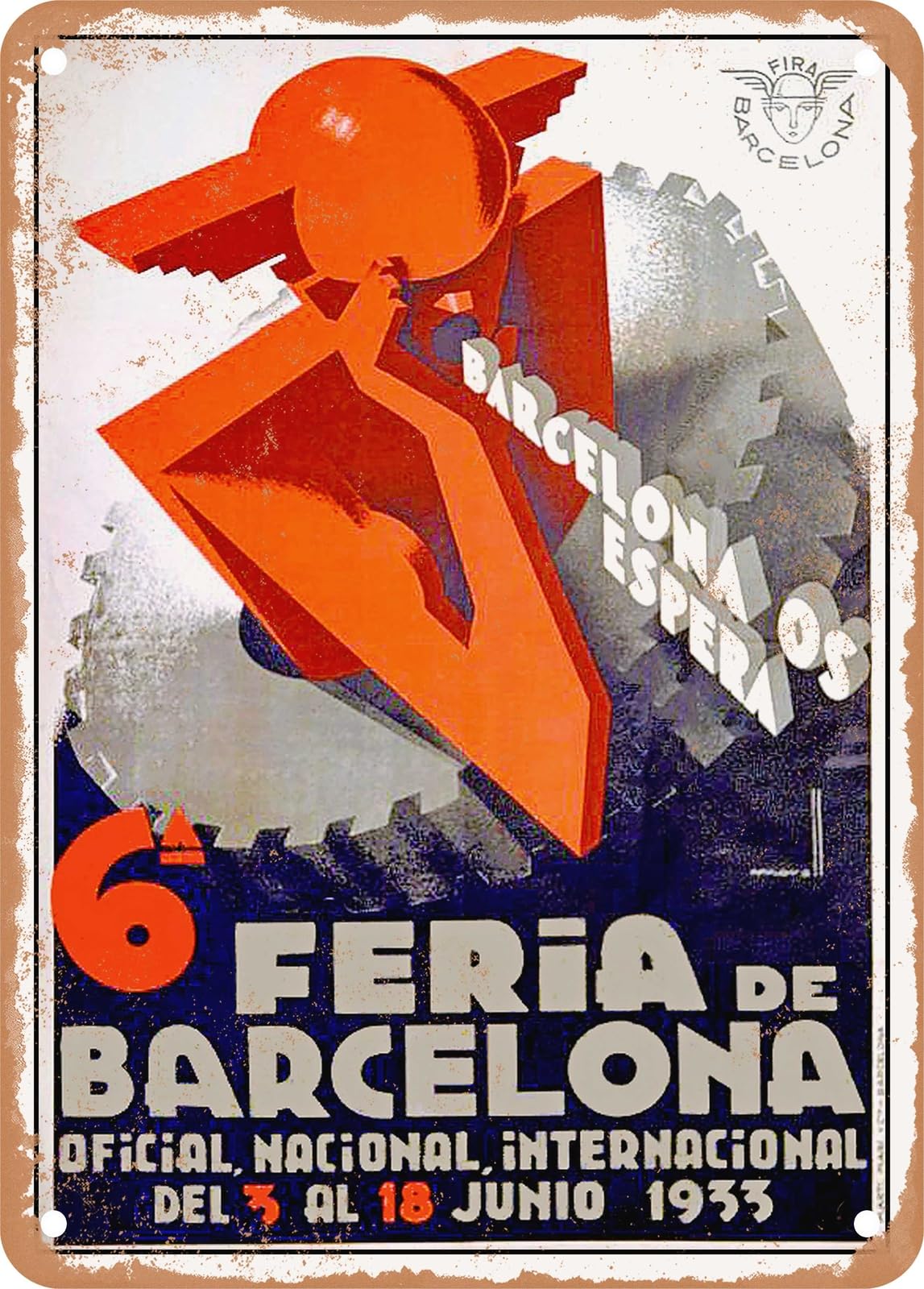 Miaomansenstore Metal Sign - 1933 Barcelona Awaits You, 6Th Barcelona Fair Vintage Ad Home Decor