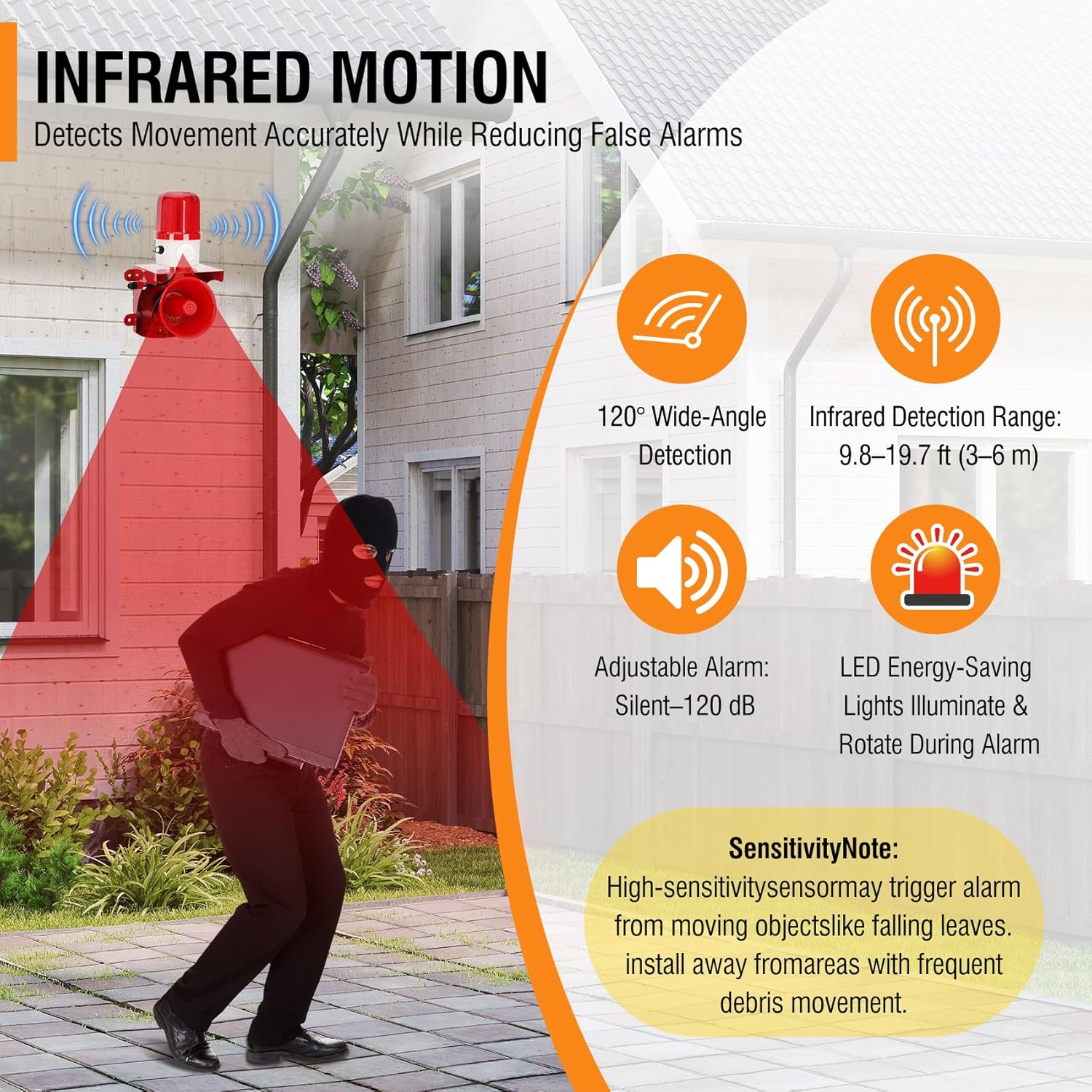 Motion Sensor Alarm with Human Detection, 120dB Adjustable Siren, Outdoor LED Strobe Light Security Alarm for Home Theft, AC110V with Plug, IP65 Waterproof, for Property Protection, Animal Intrusion