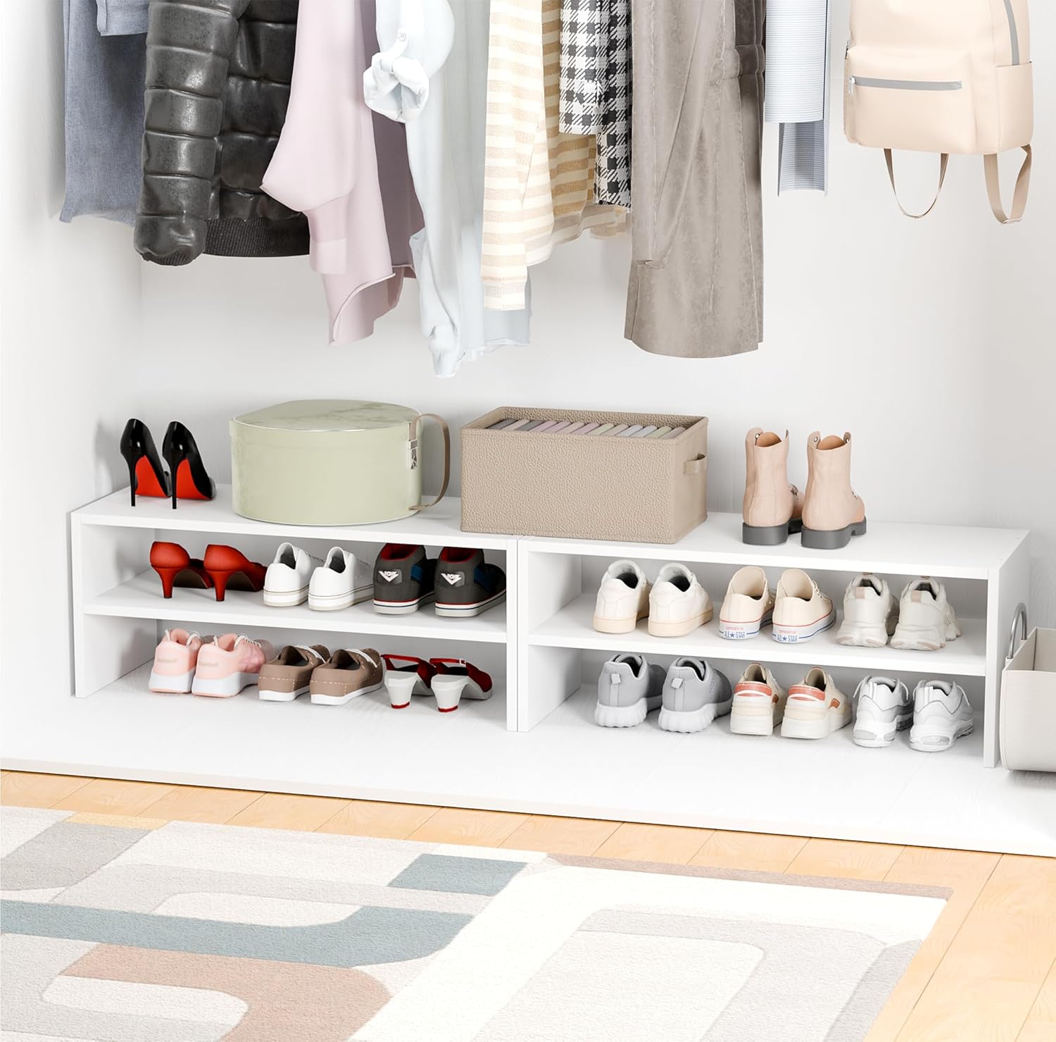 Whitmor Stackable 28" Extra Wide 2-Shelf Storage Organizer, Stackable Wood Combination Shoe Organizer Racks Shelves for Closets, Entryway, Hallway, Garage,White,2 Pack