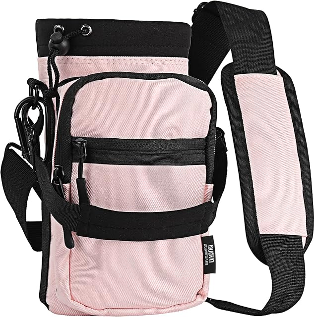 Nuovoware Water Bottle Carrier, 40oz Bottle Carrier Sports Insulated Water Bottle Holder with Adjustable Shoulder Strap, 2 Pockets Flask Sling Bag Drawstring Pouch for Climbing Hiking Walking, Pink