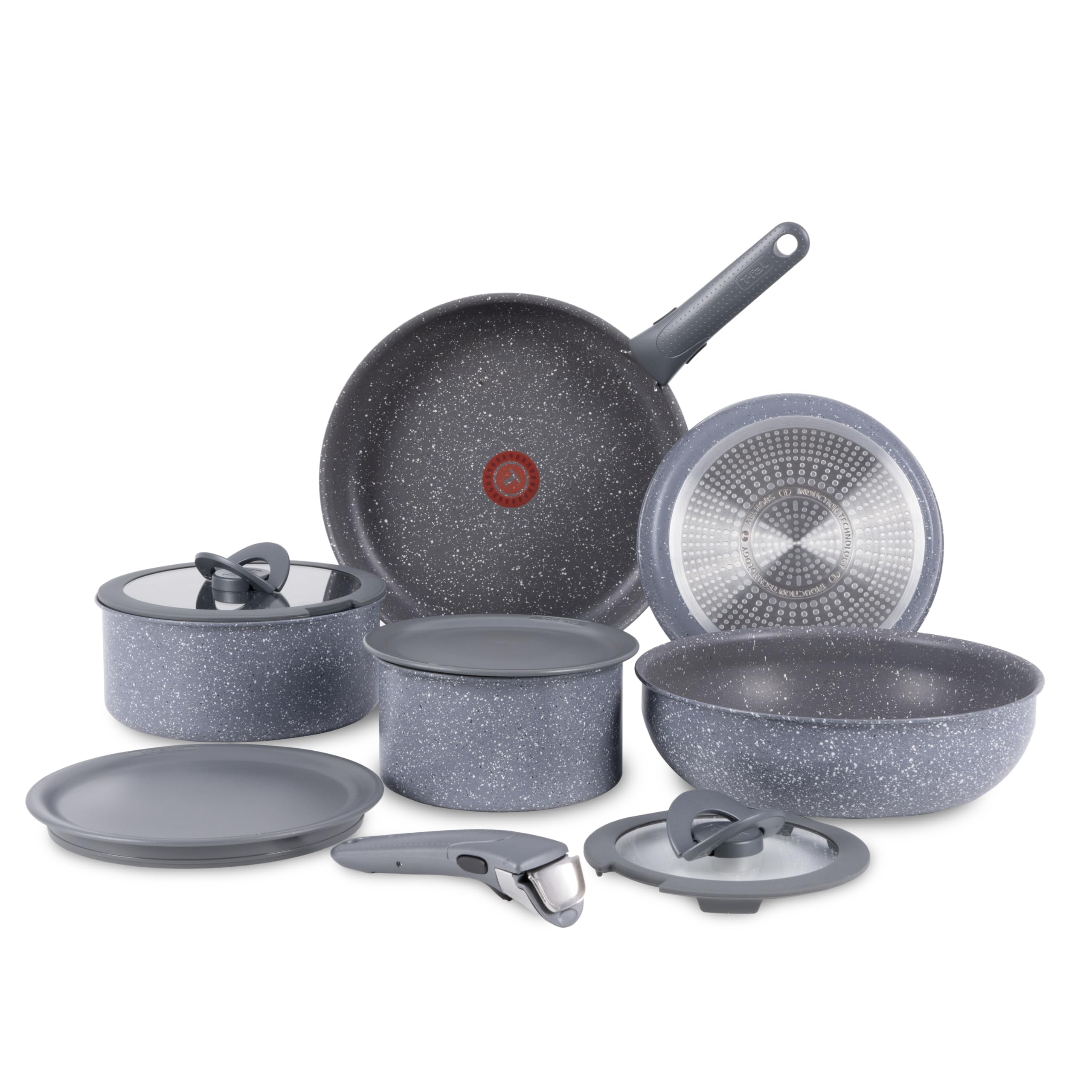 T-fal Ingenio Essentials Cookware Set with Detachable/Removable Handle 11 Piece, Granite Titanium Non Stick, Induction, Oven Broiler Safe 500F, Stackable, Pots and Pans Set, RV Camping, Fry Pans Gray