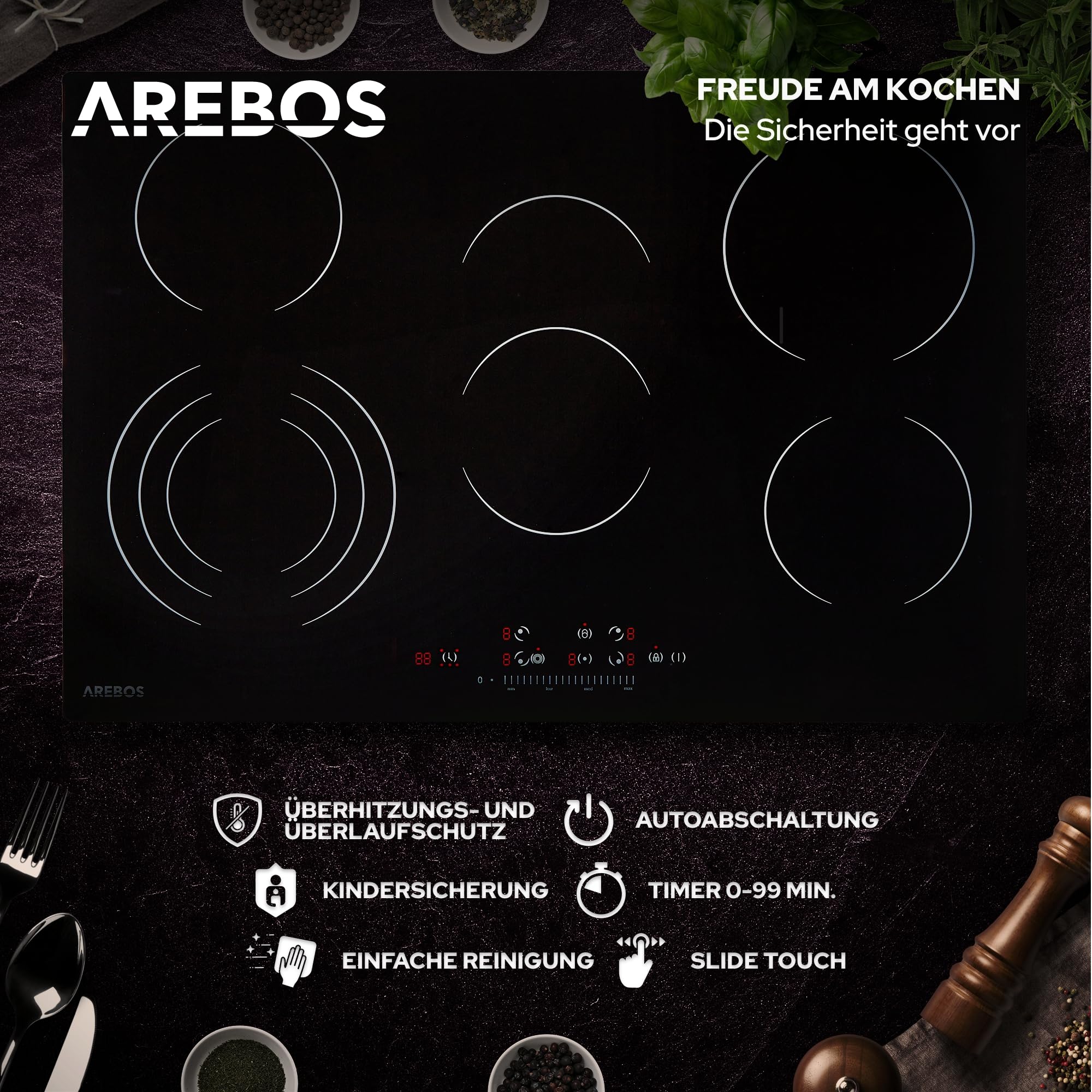 Arebos Glaskeramikkochfeld | 8700 W | 5 Kochfelder | 77 cm | autark | inkl. Dreiringzone und Bräterzone | mit Sensor Touch | Kindersicherung | Überhitzungsschutz | Autoabschaltung