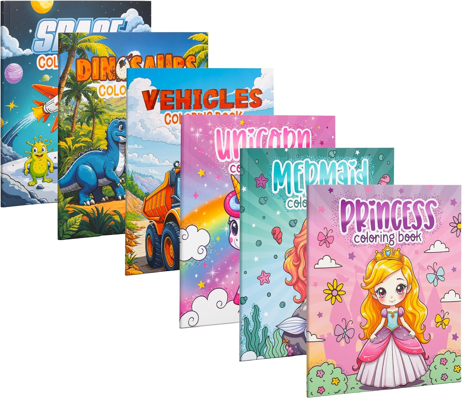 Fun Coloring Books for Kids Bundle – Princess, Unicorn & Mermaid + Dinosaur, Space & Trucks Coloring Books for Girls & Boys Ages 4–8 – Easy Coloring Activity Books for Creative Kids Short Title:
