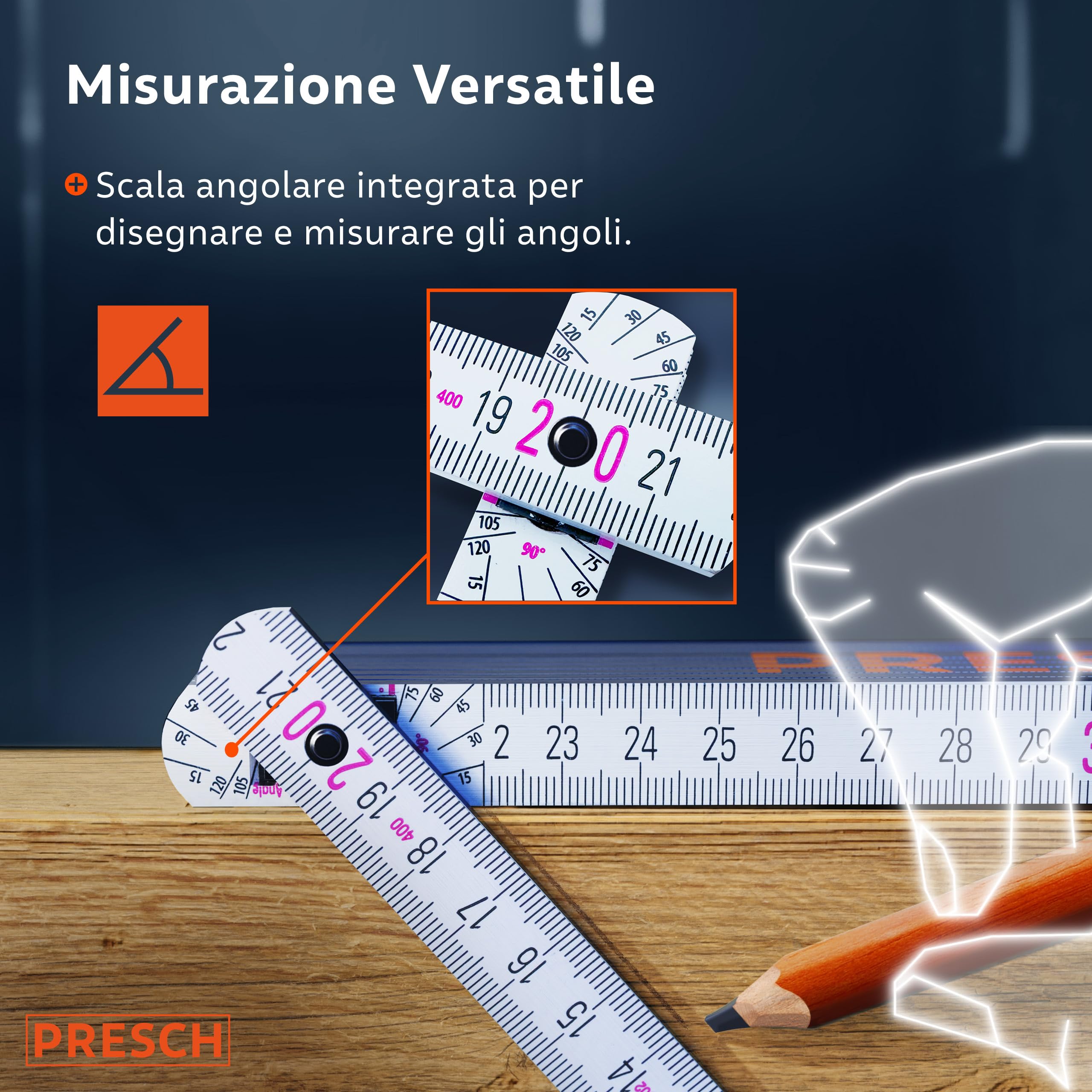 Presch Set di Metri pieghevole da 2 metri con scala degli angoli | 6 pz. | Legno | Arancione/Blu | Numeri grandi e facilmente leggibili | Incastro preciso | Metro legno pieghevole, metro righello