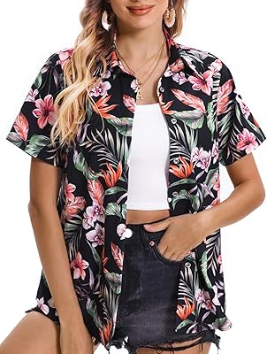 Hawaiian Shirts for Women Tropical Shirt Summer Beach Button Down Short Sleeve Blouses Floral Top Aloha Luau Outfits 2026