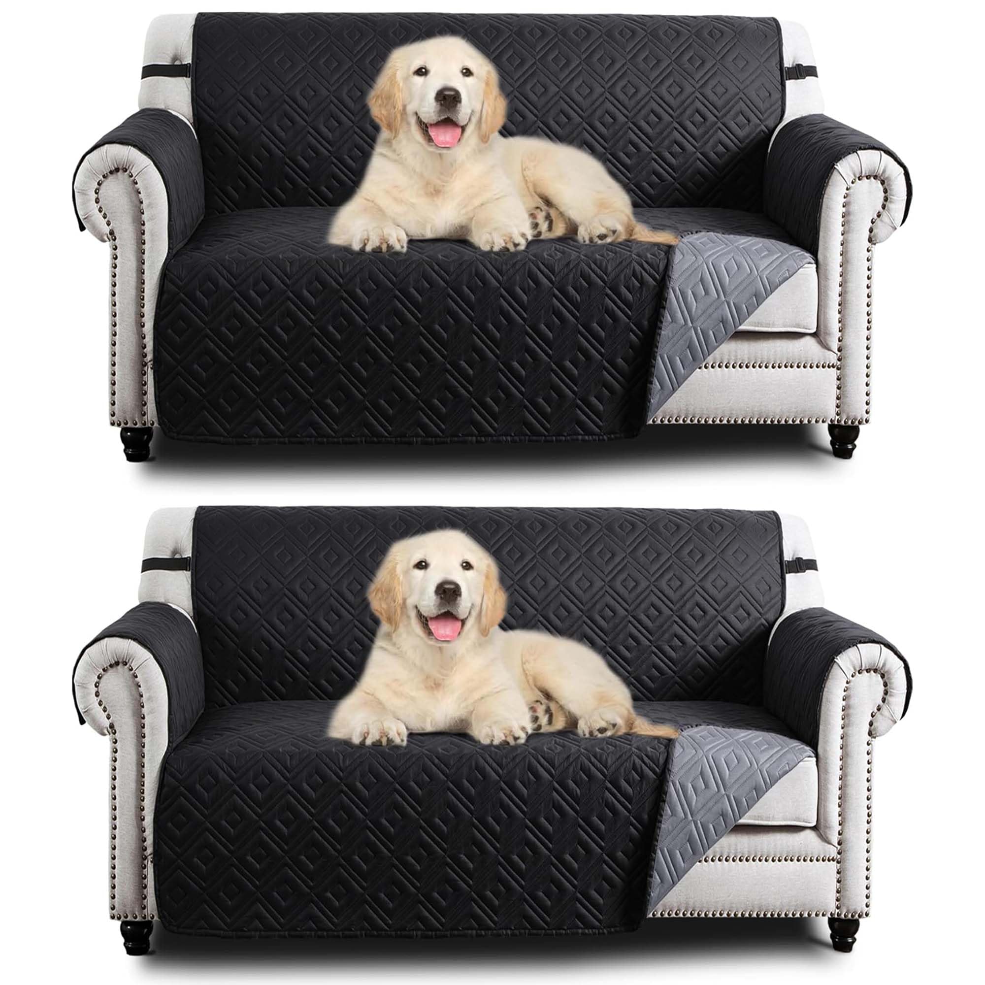 Hafaa Sofa Cover 2 Seater Water Resistant Sofa Slipcovers 2 Pack Black/Dark Grey Non Slip Reversible Sofa Covers with Elastic Strap - Washable Sofa Protectors from Pets/Kids/Dogs