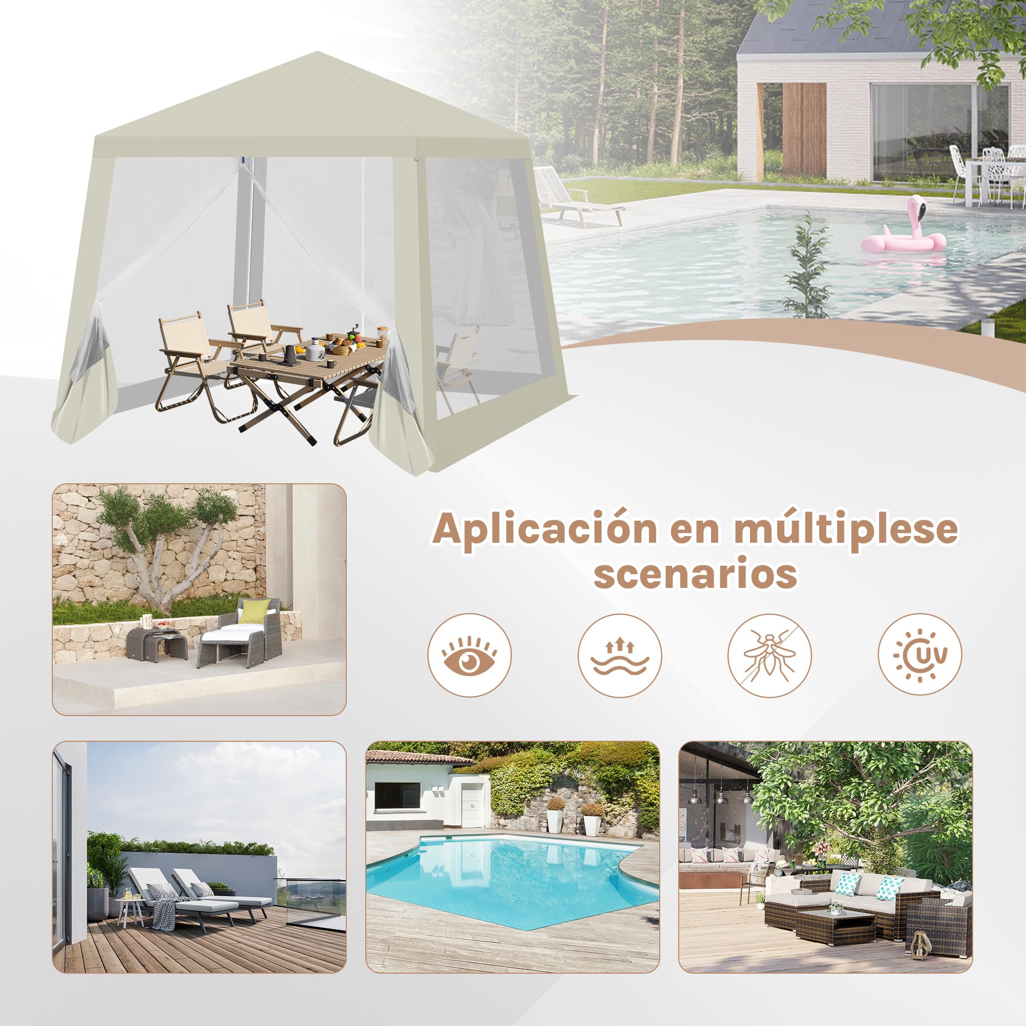 WOLTU Pérgola Plegable de Jardín con Techo y Paredes de Malla - Pabellón Cenador 3x3 m para Exteriores, Camping, Playa - Tela Oxford, Beige