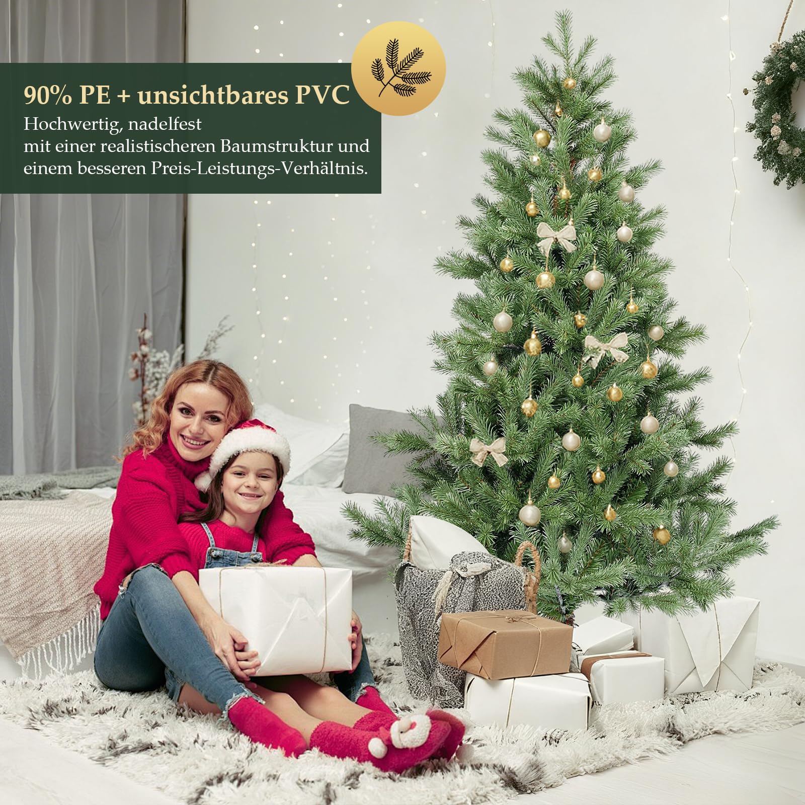 SALCAR Künstlicher Weihnachtsbaum 150 cm aus 90% PE Spritzguss, Premium Nordmanntanne, realistischer Christbaum mit Schnellaufbau Klappsystem