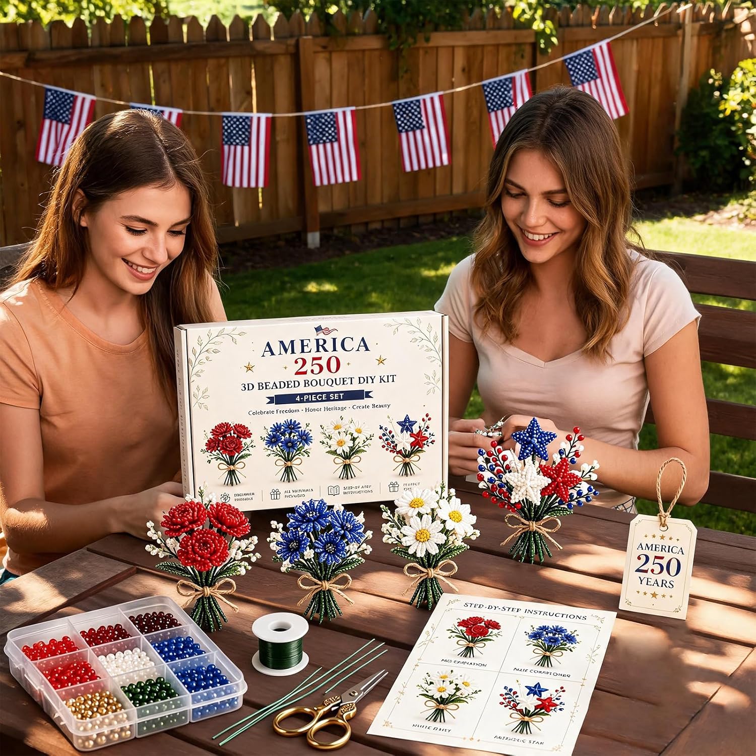 4 Pack 1776-2026 America Independence Day Beaded Flower DIY Kits (Style C) image 5