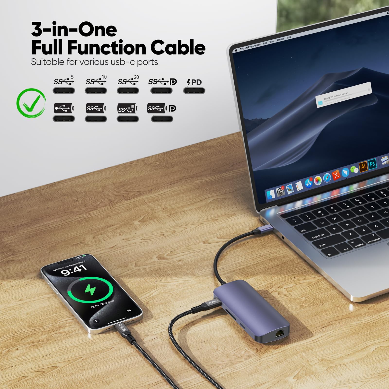 Cavo per monitor USB C extra lungo, 7,6 m, display video 4K a 60 Hz, cavo USBC 3.2 gen 2, ricarica rapida 100 W/trasferimento dati da 20 Gbps da USB-C a tipo C per monitor MacBook Dock Hub SSD esterno