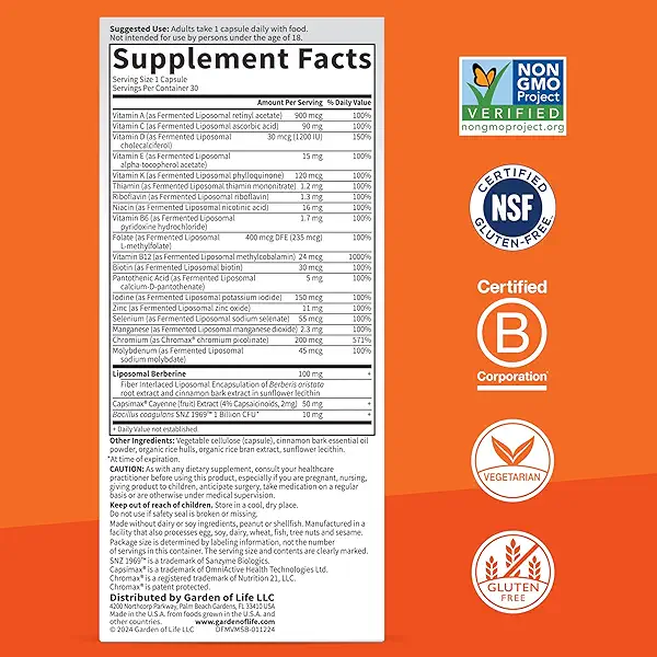 Garden of Life Dr. Formulated Multi+ Metabolism Support - Fermented Liposomal Multivitamin + Chromax, Capsimax, Berberine & Probiotics - 30 Capsules 5