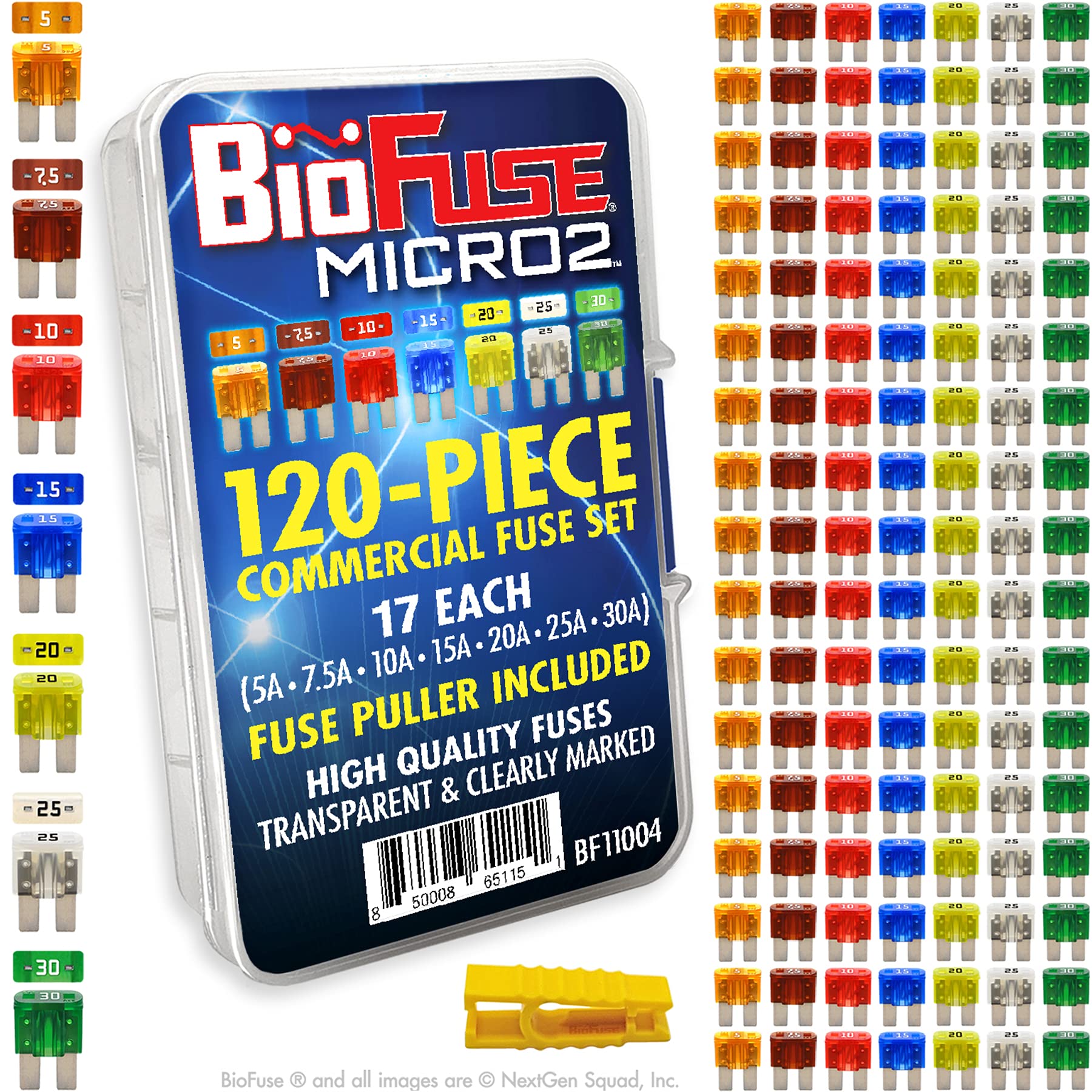 BioFuse Micro2 APT ATR 120 Piece Automotive Commercial Car Fuse Assortment (119 Micro 2 Blade Fuses + Fuse Puller) 5A 7.5A 10A 15A 20A 25A 30A