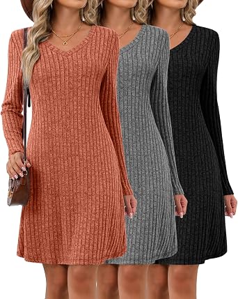 Riyiper 3 Pack Womens V Neck Knee Length Sweater Dresses