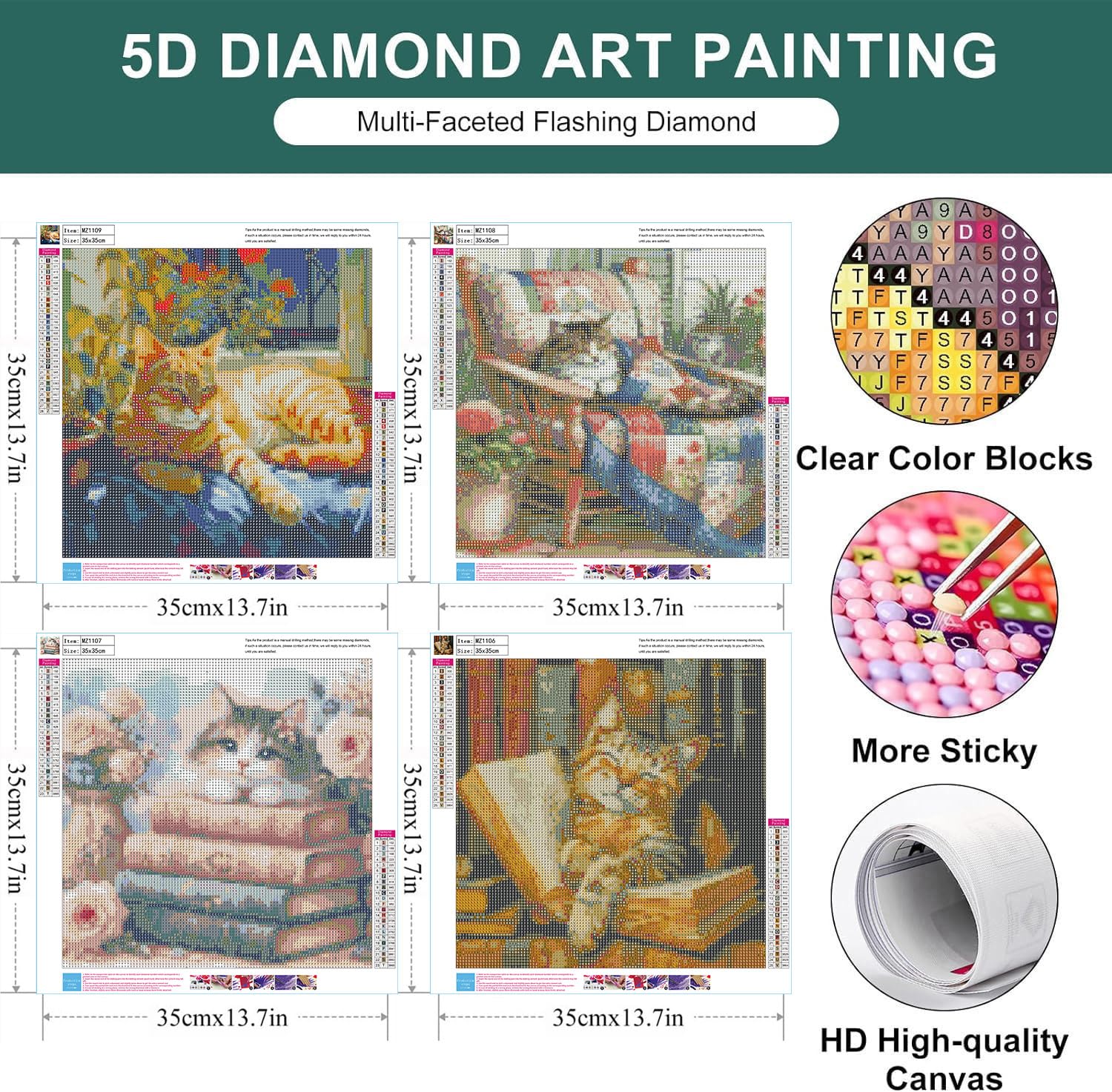 mrpwnle Confezione da 4 kit per pittura con diamanti a forma di gatto per adulti, kit per pittura con diamanti 5D per adulti e principianti, kit per decorare le pareti della casa, 35 x 35 cm