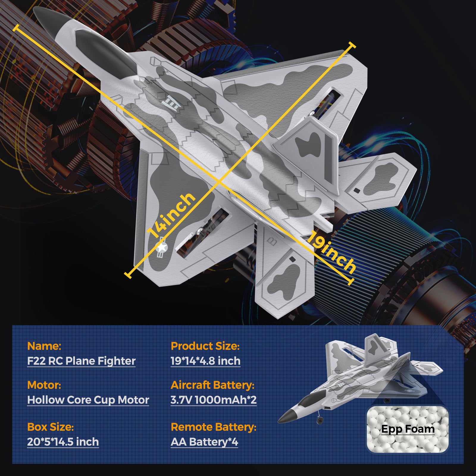 CKYSCHN Aereo radiocomandato F22 - Aereo da combattimento RC a 4 canali per principianti adulti con luci, 2,4 GHz 6 assi Gyro Stabilizzatore RTF RC Aircraft con 2 batterie