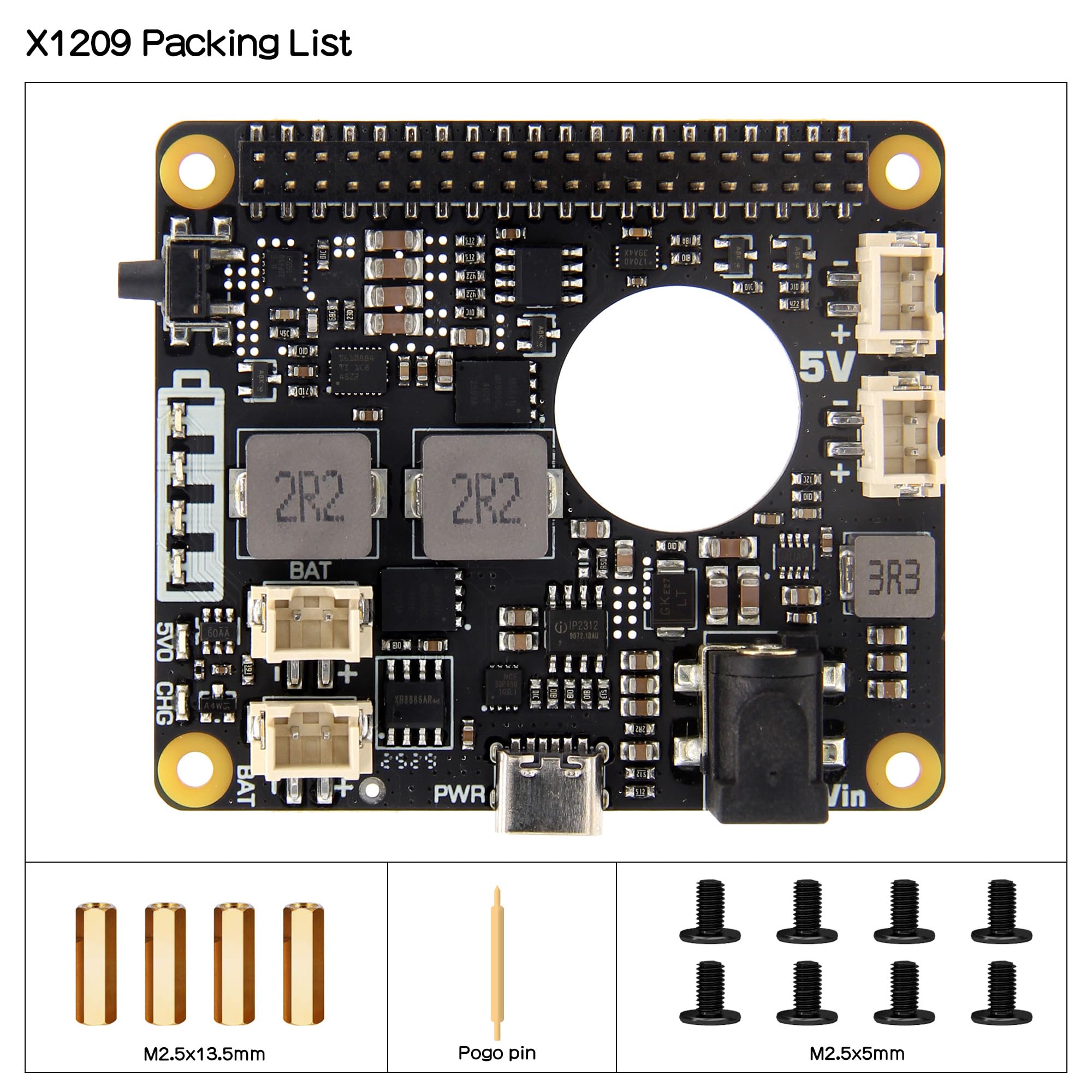 Geekworm X1209 UPS per Raspberry Pi 5/4B/3B+/3B | 5,1 V 6 A, ingresso a banda larga 5 – 18 V, montato in alto, spegnimento sincrono e accensione automatica