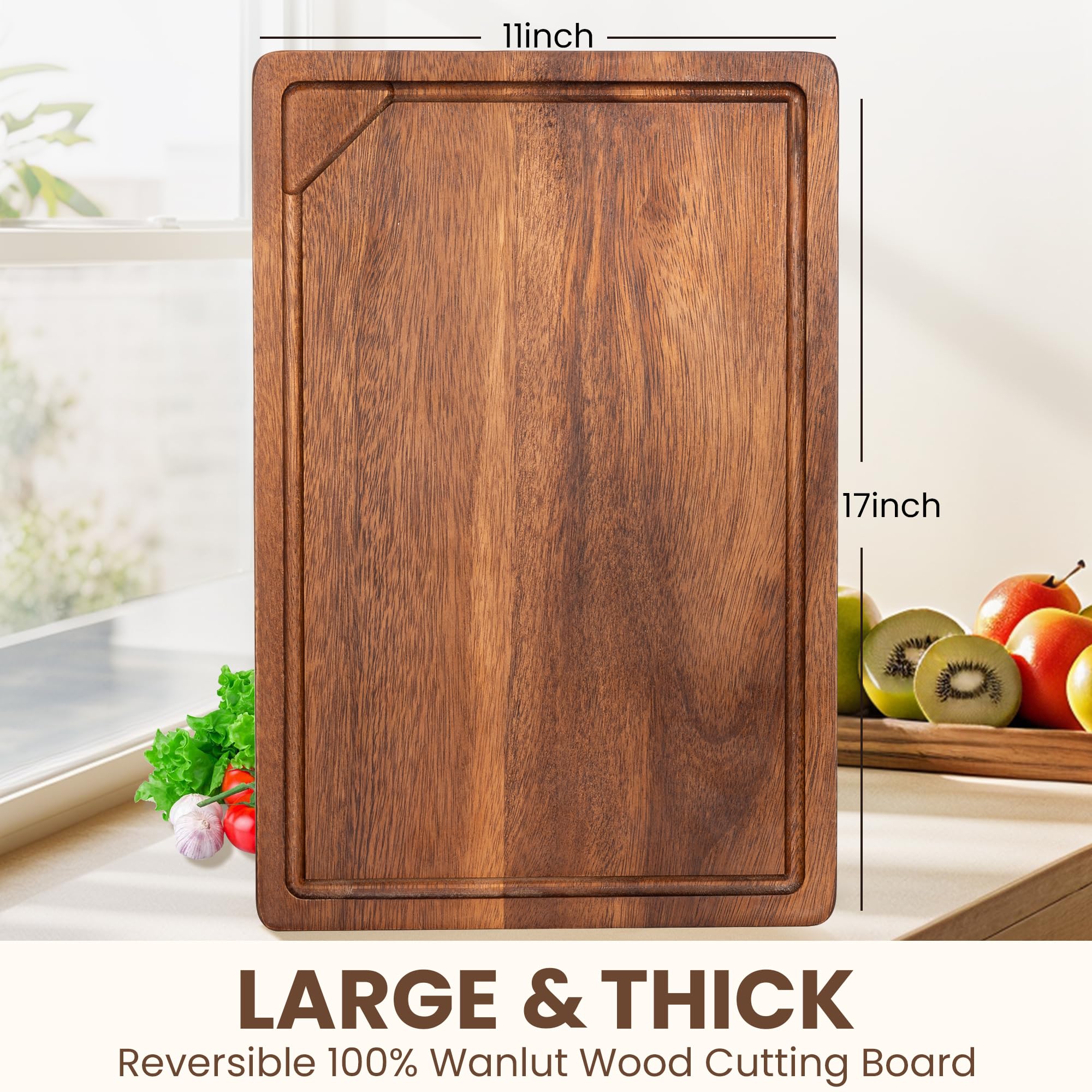 Fun Memories Tabla de cortar de nogal para cocina con asas ocultas, tabla de cortar reversible de madera con ranura para jugo, perfecta para regalo de Navidad, diario, (17 pulgadas de largo x 11