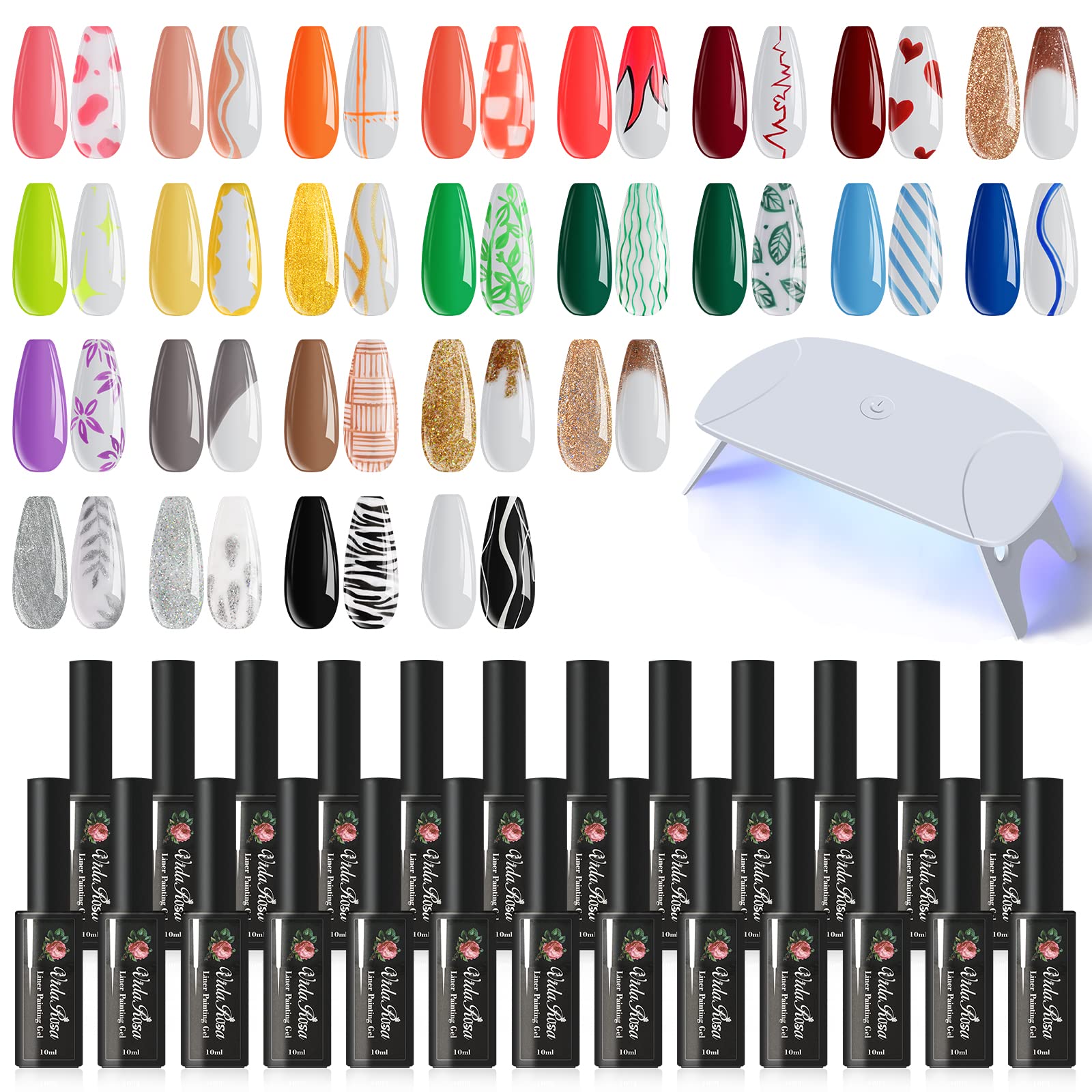 25 colori Gel Nail Liner Polish con lampada UV LED Nail Dryer Set di smalti gel per Nail Art 3D DIY Nail Design Pull Line Pen Nail Drawing, Nail Painting Polish per Unghie Manicure Salon