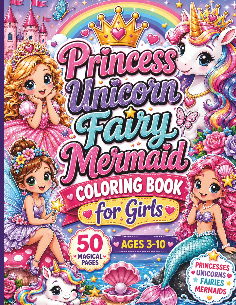 Princess Unicorn Fairy Mermaid Coloring Book for Girls Ages 3–10: Fun and Easy Coloring Pages Filled with Castles, Rainbows and Enchanting Fantasy Adventures