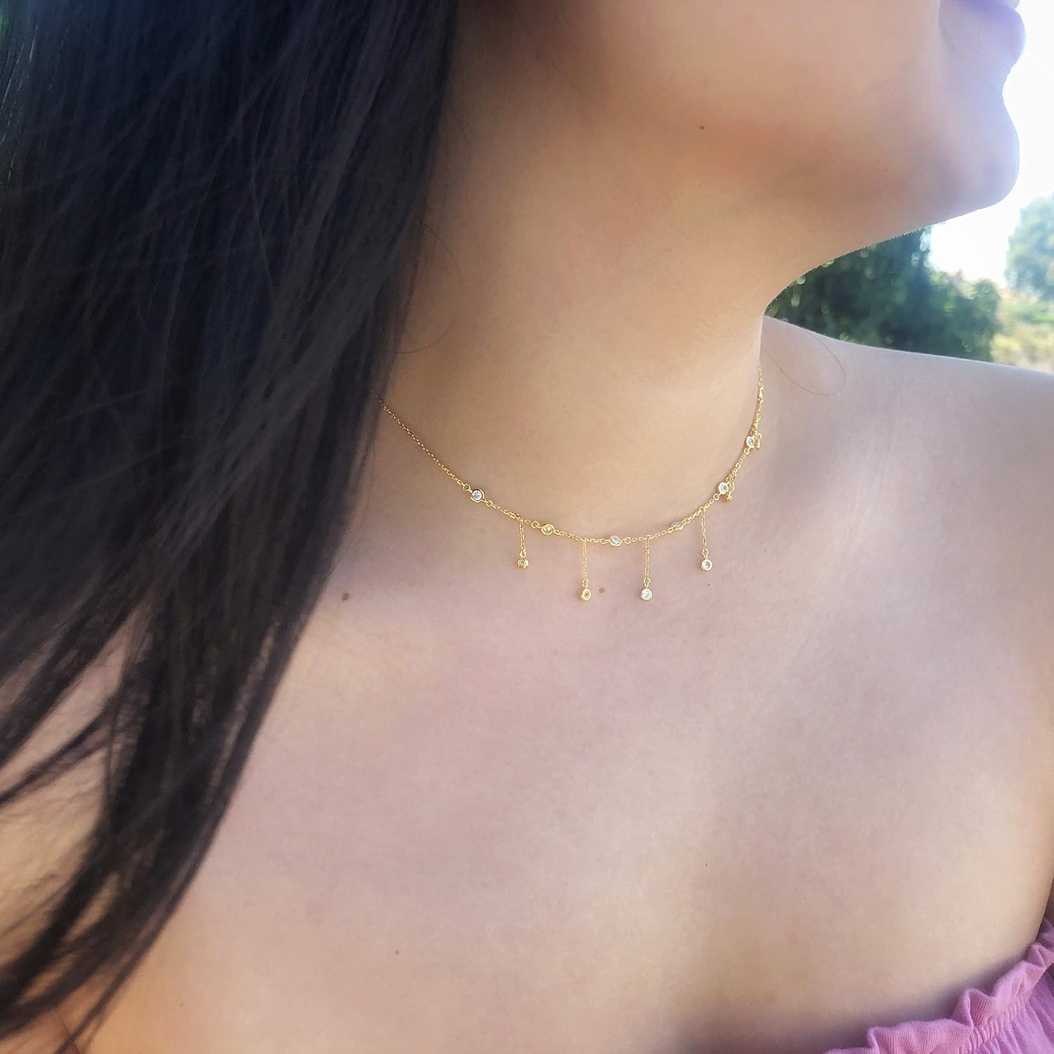 Rain Drops Dangle Choker Necklace in Gold Finish