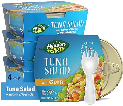 Heaven & Earth Ensalada de atún lista para comer con maíz y verduras, 5.64 onzas (paquete de 4)  Gran fuente de proteínas  Comidas aptas para viajes